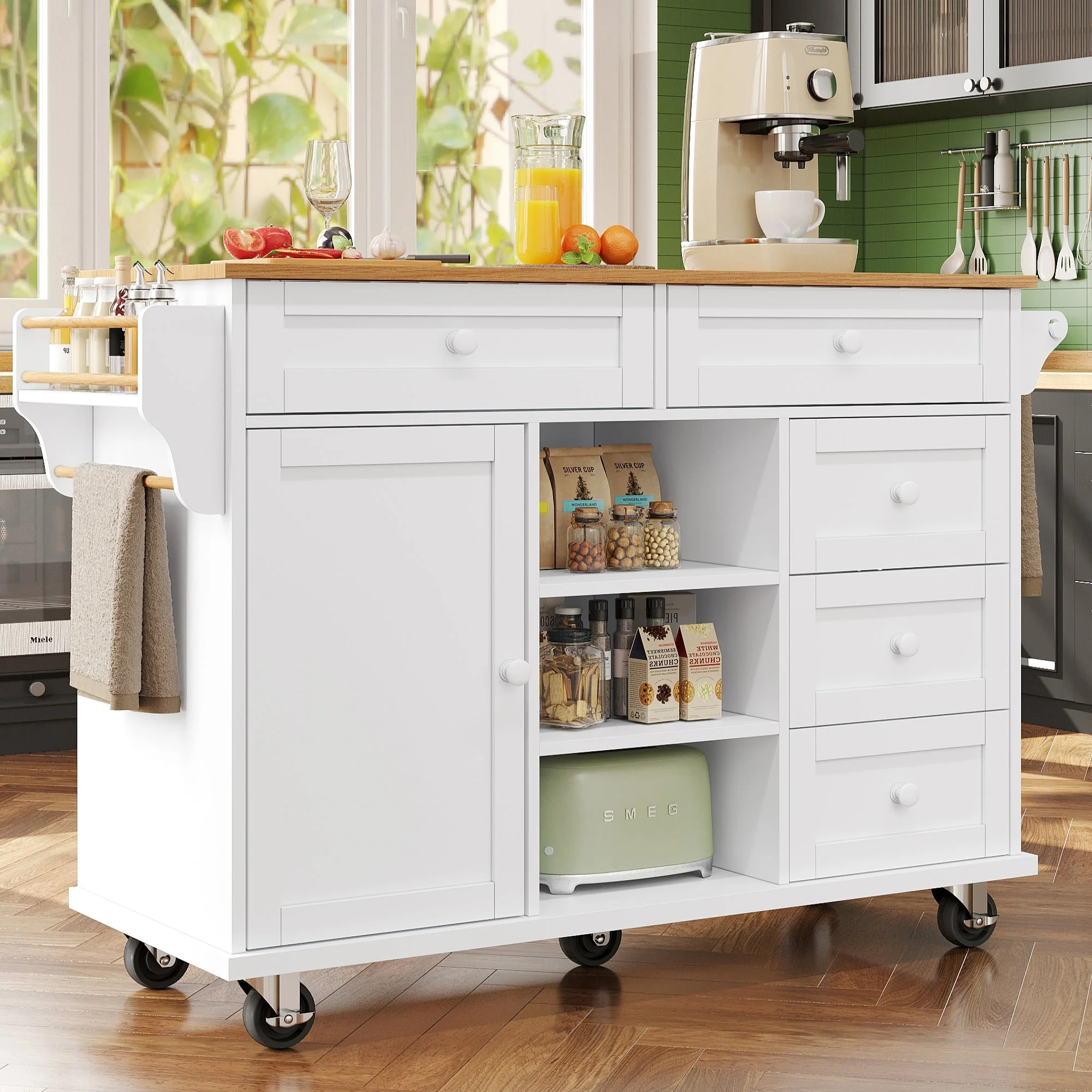 Dining Trolley Modern Simple Drawer Storage Cabinet Mobile Fixed Dual-Use White - Image 3
