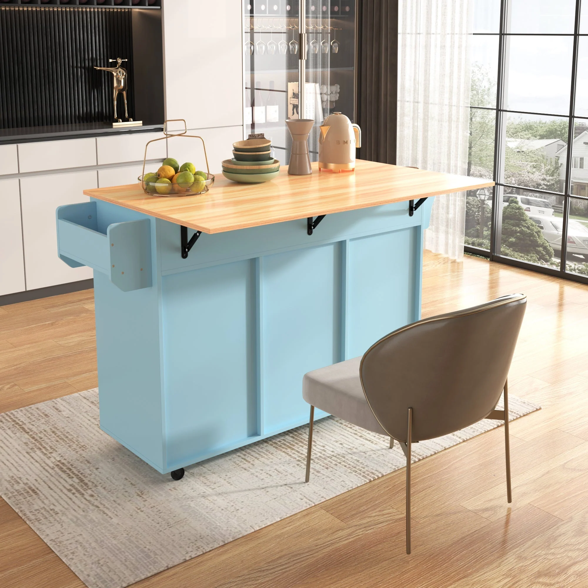 Dining Trolley Sideboard Extendable Fold-Down Worktop Storage Casters Blue/Solid Wood Grain - Image 15