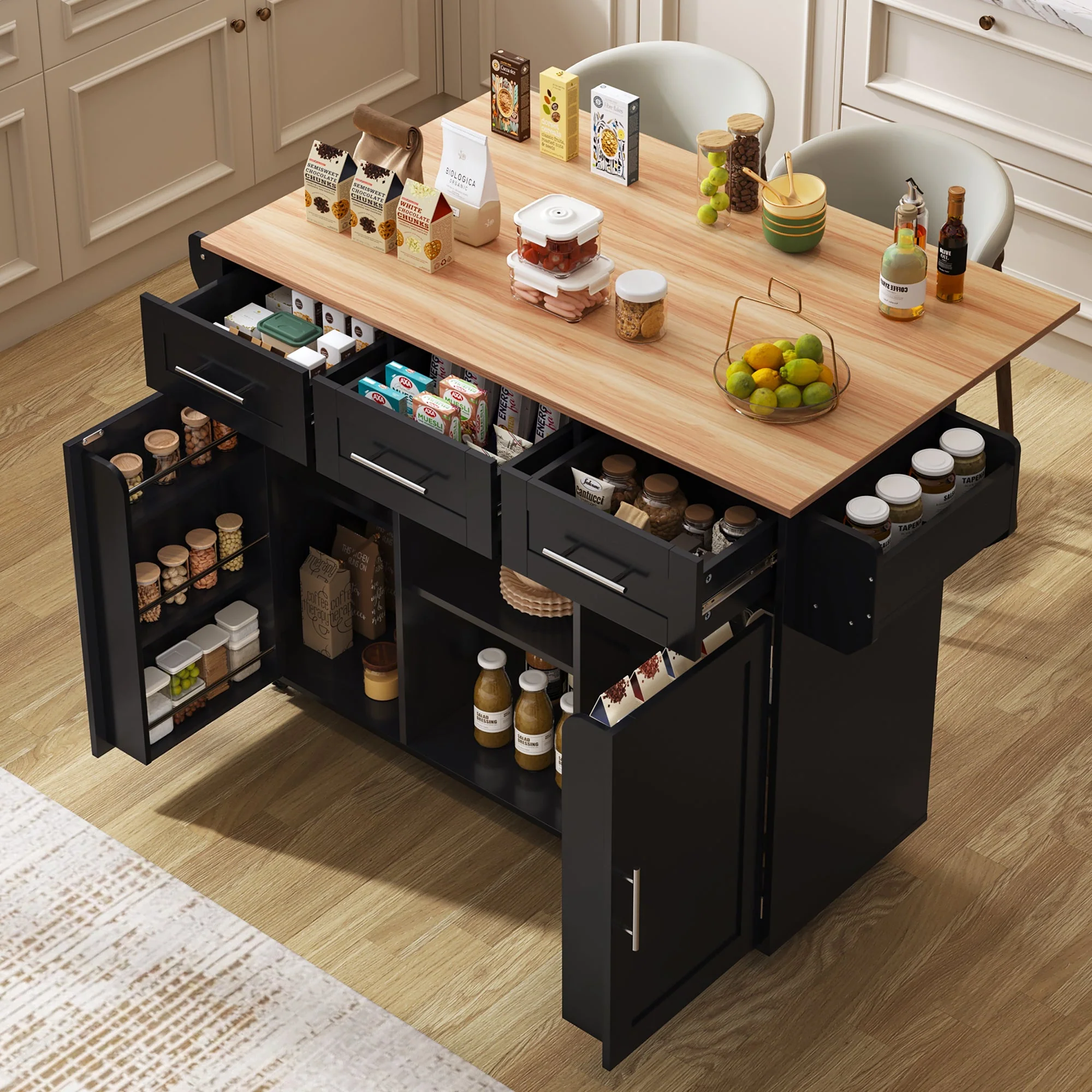 Dining Trolley/Sideboard with Fold-Down Worktop and Storage Casters, Black Solid Wood Grain
