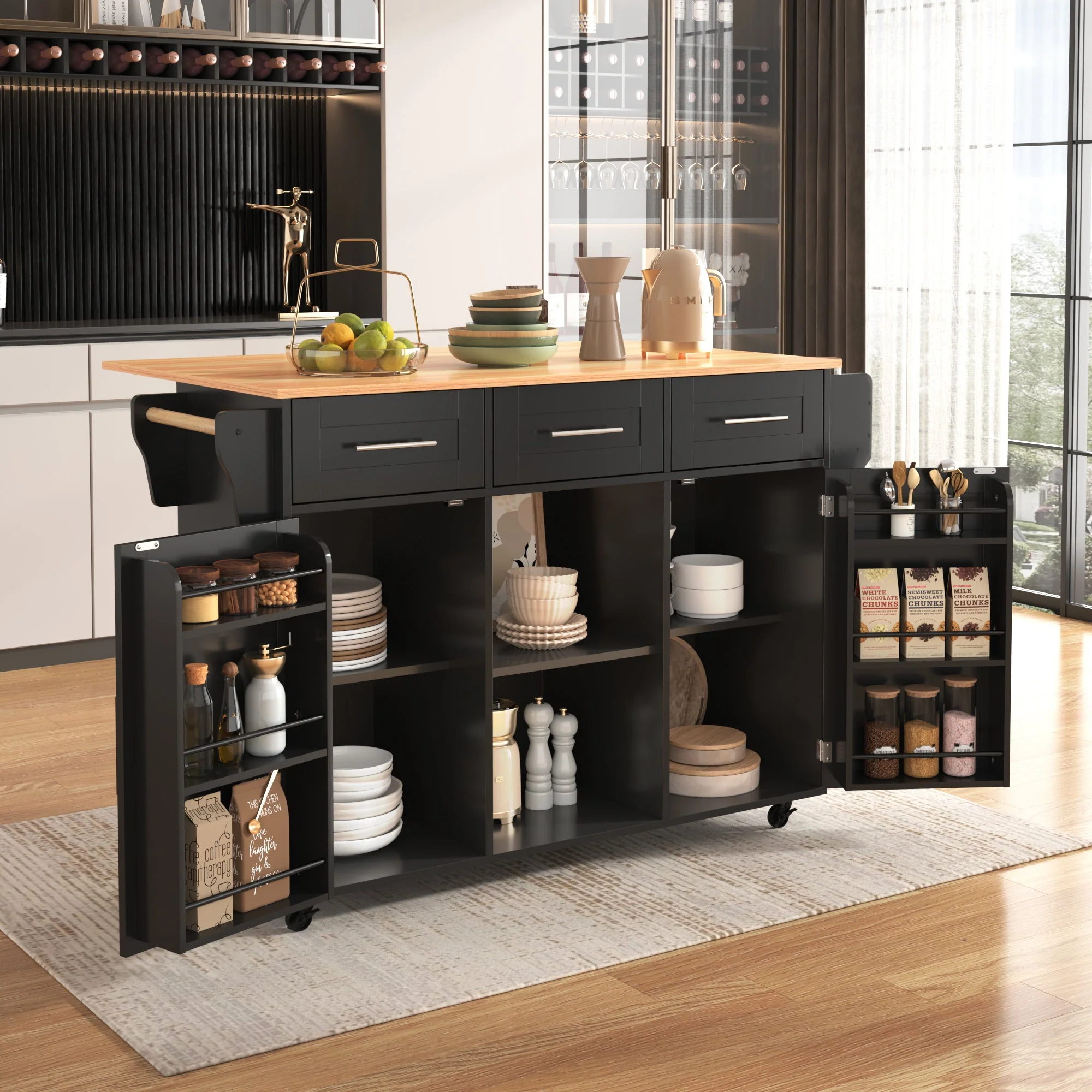 Dining Trolley/Sideboard with Fold-Down Worktop and Storage Casters, Black Solid Wood Grain - Image 2