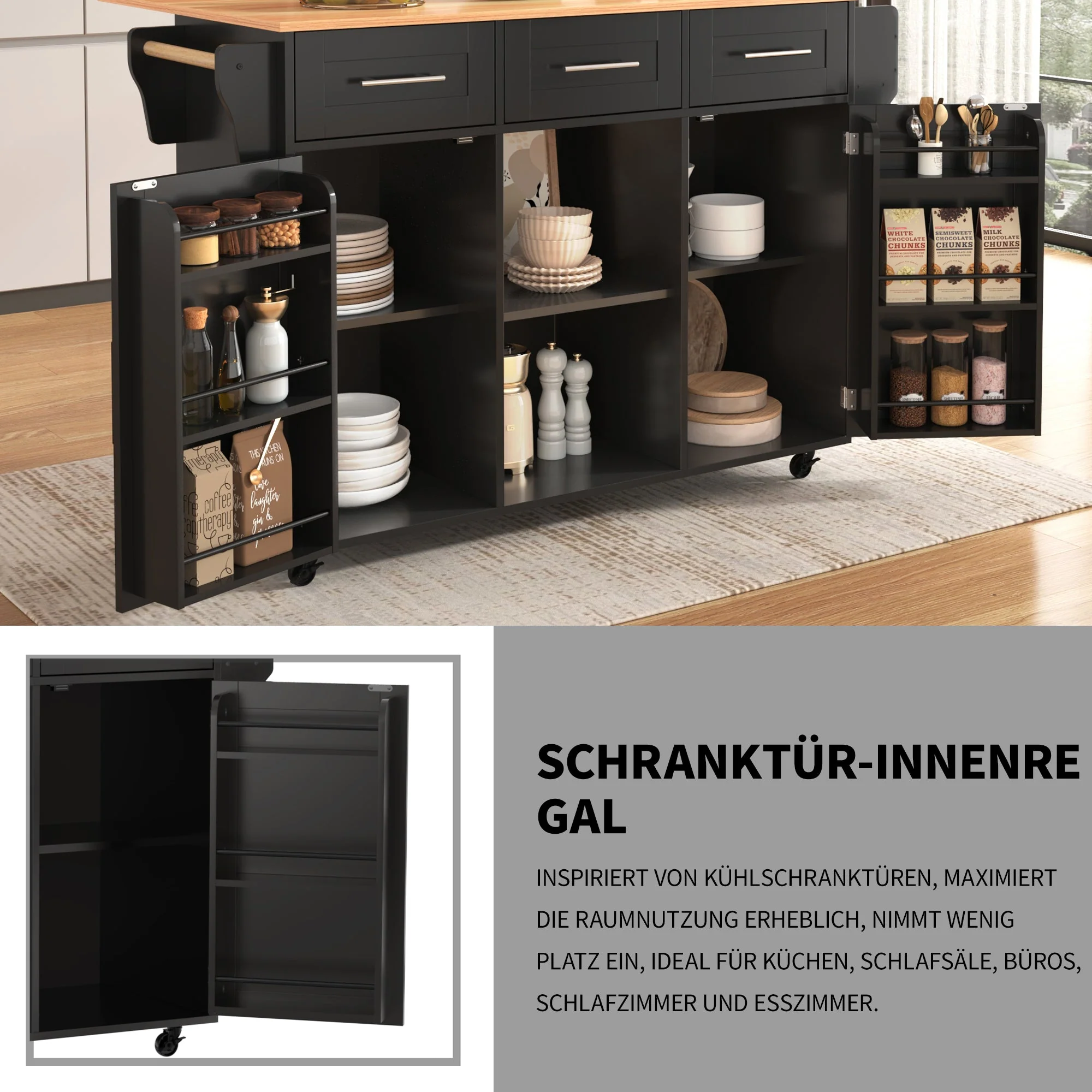 Dining Trolley/Sideboard with Fold-Down Worktop and Storage Casters, Black Solid Wood Grain - Image 3