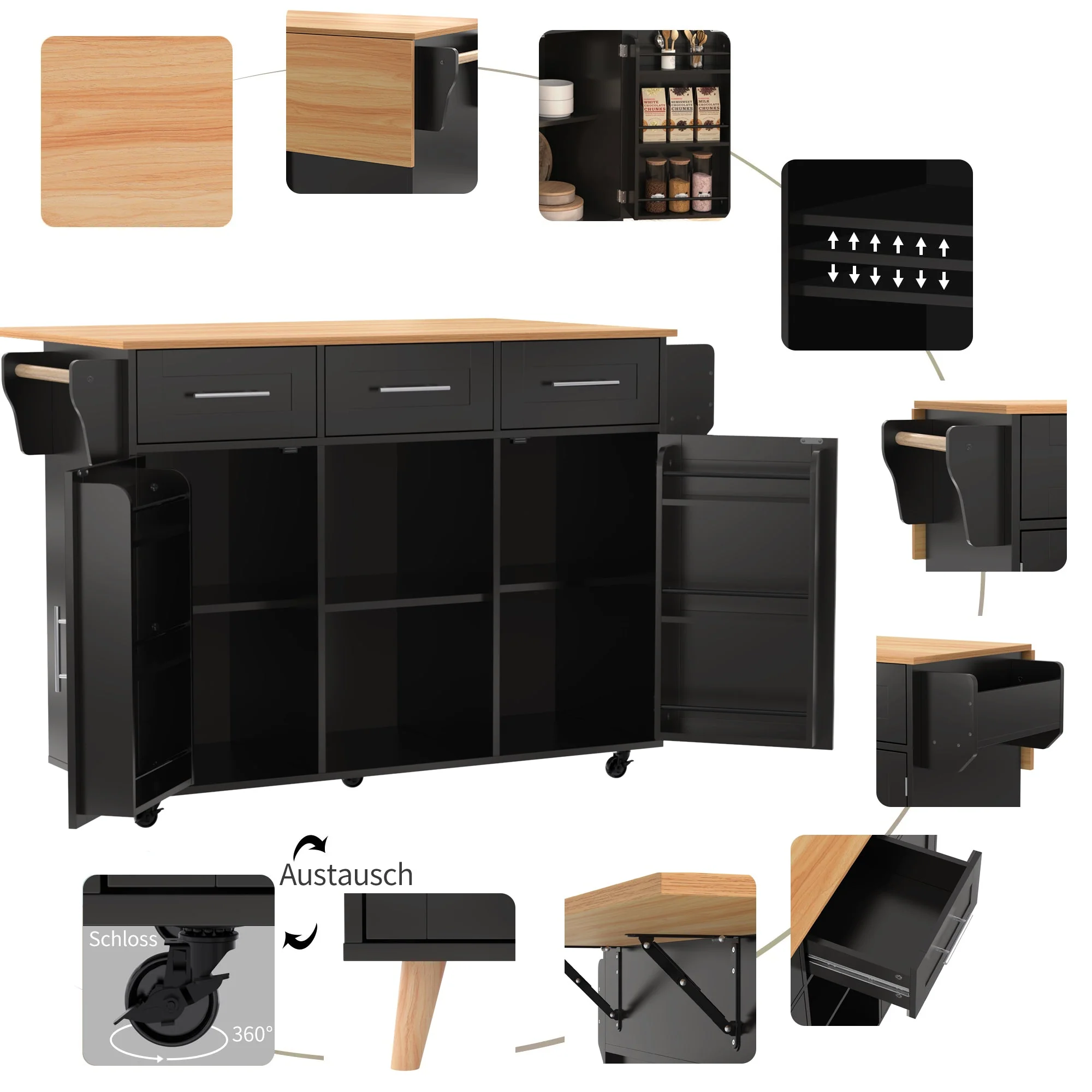 Dining Trolley/Sideboard with Fold-Down Worktop and Storage Casters, Black Solid Wood Grain - Image 4