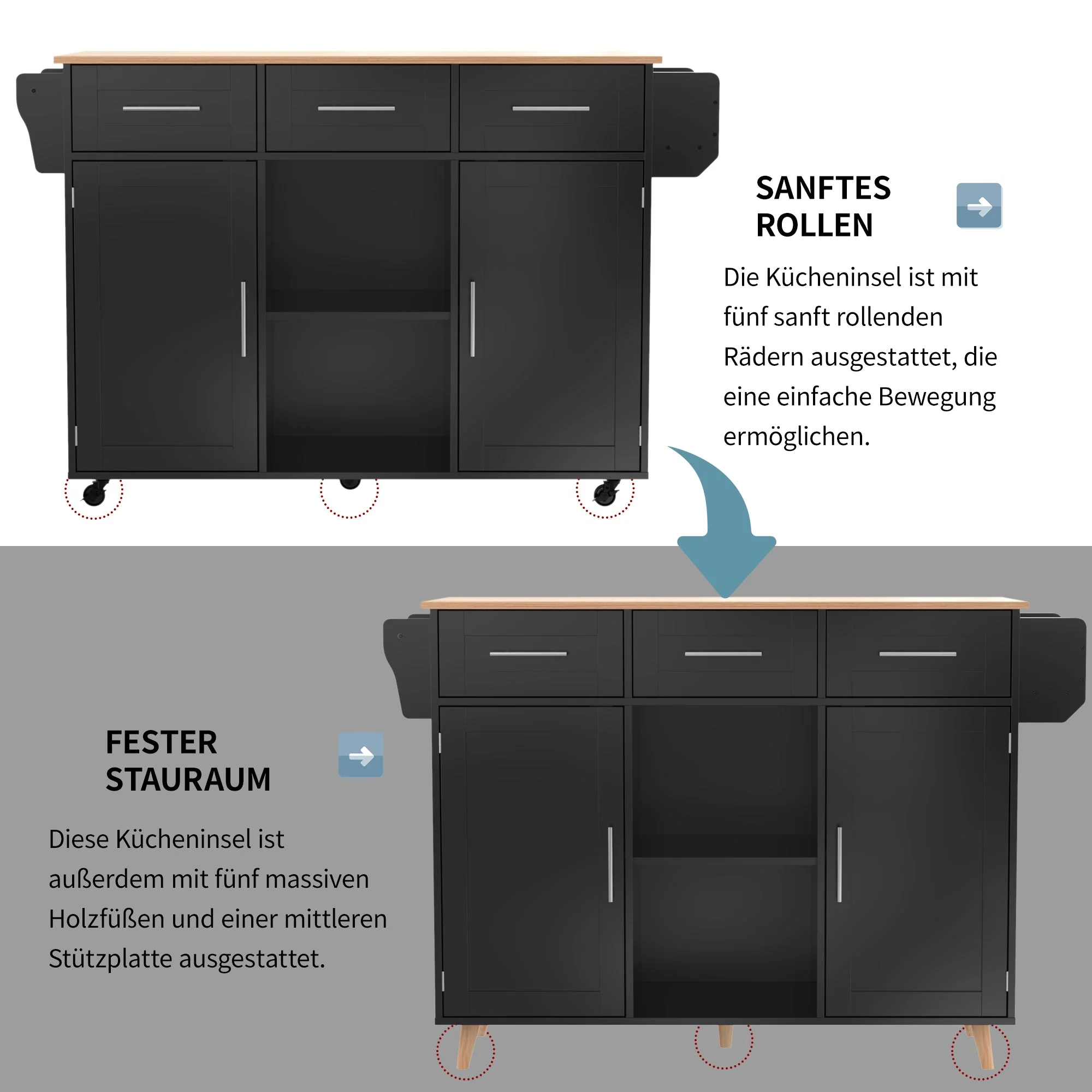 Dining Trolley/Sideboard with Fold-Down Worktop and Storage Casters, Black Solid Wood Grain - Image 5