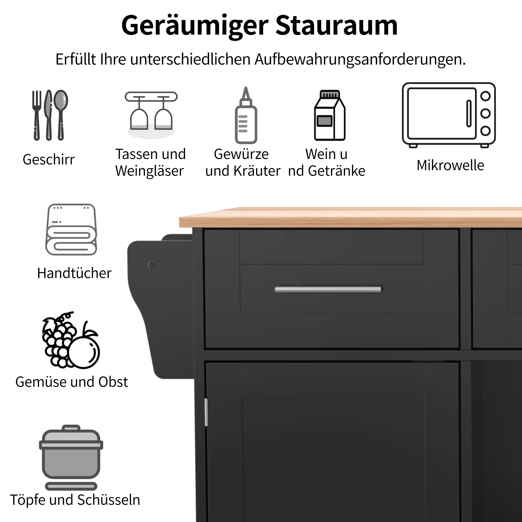 Dining Trolley/Sideboard with Fold-Down Worktop and Storage Casters, Black Solid Wood Grain - Image 6