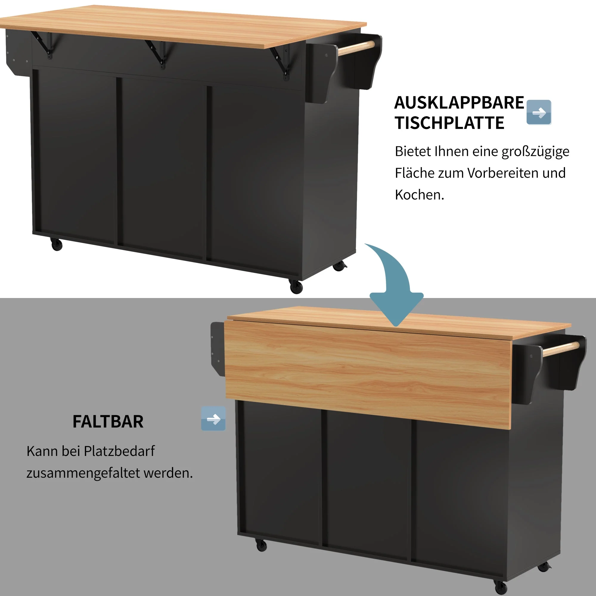 Dining Trolley/Sideboard with Fold-Down Worktop and Storage Casters, Black Solid Wood Grain - Image 7