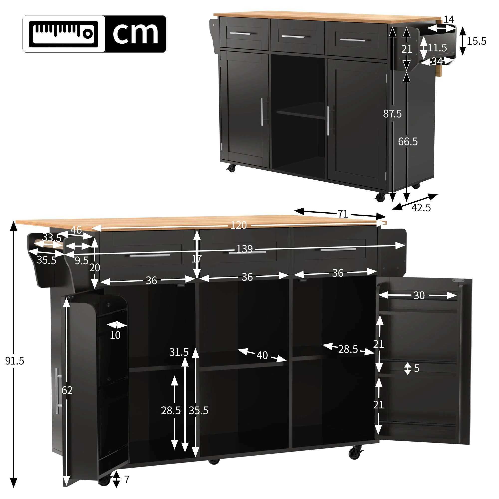 Dining Trolley/Sideboard with Fold-Down Worktop and Storage Casters, Black Solid Wood Grain - Image 8