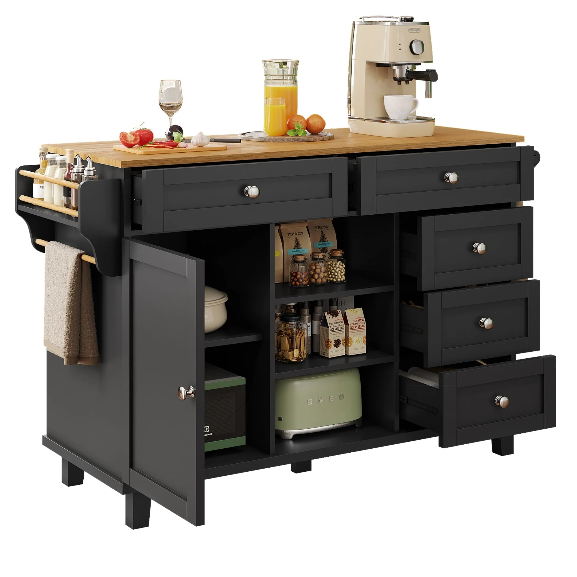 Dining Trolley with Drawer and Storage Cabinet, Mobile and Fixed Dual-Use Design, MDF Wood Grain - Image 6