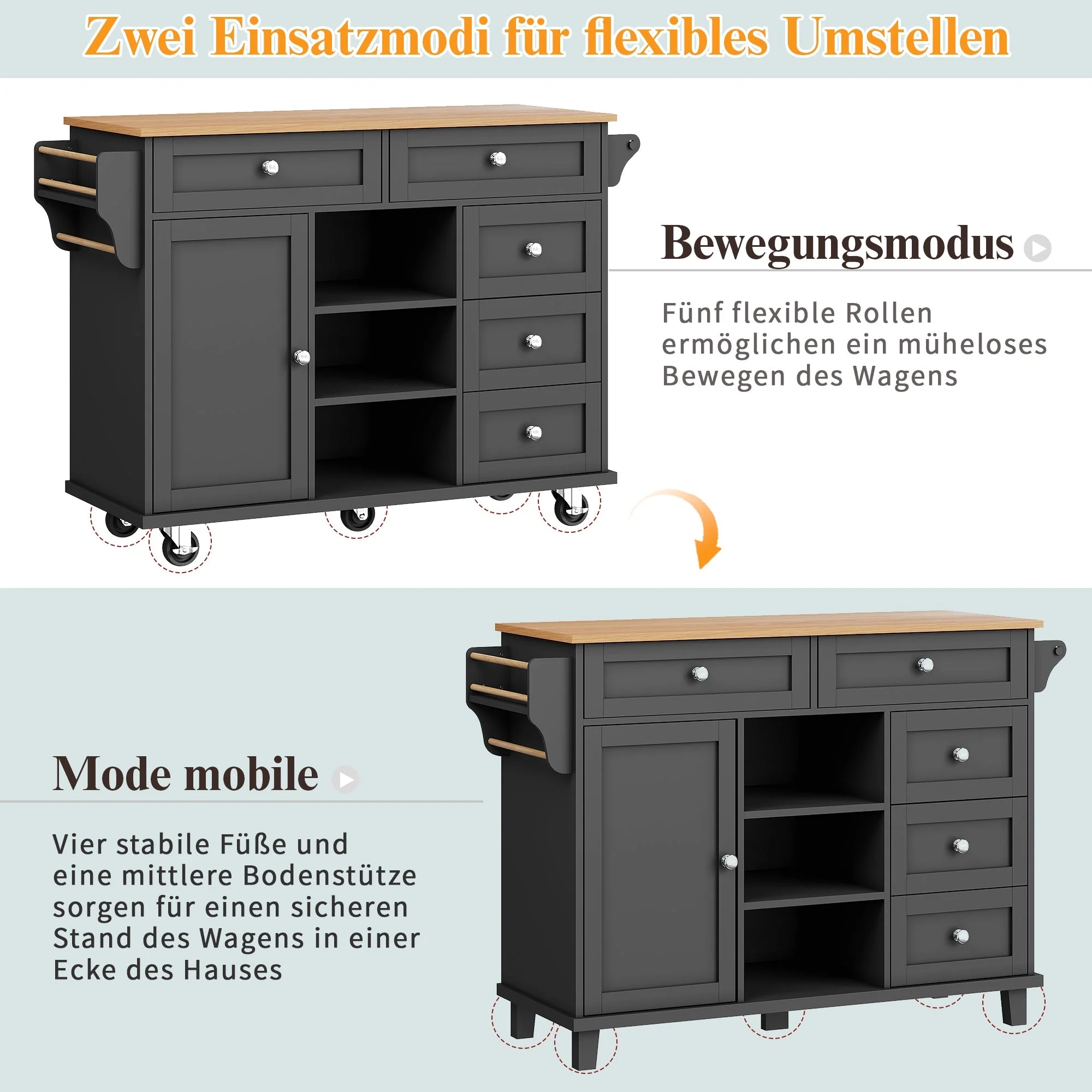 Dining Trolley with Drawer and Storage Cabinet, Mobile and Fixed Dual-Use Design, MDF Wood Grain - Image 9