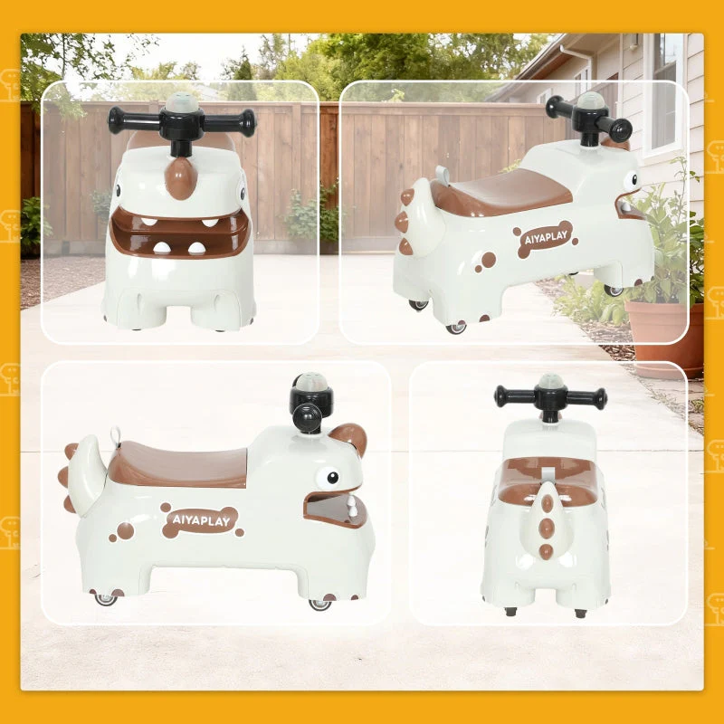 Dinosaur Push Car with Steering Wheel, Lights and Sounds, Cream White and Brown - Image 8