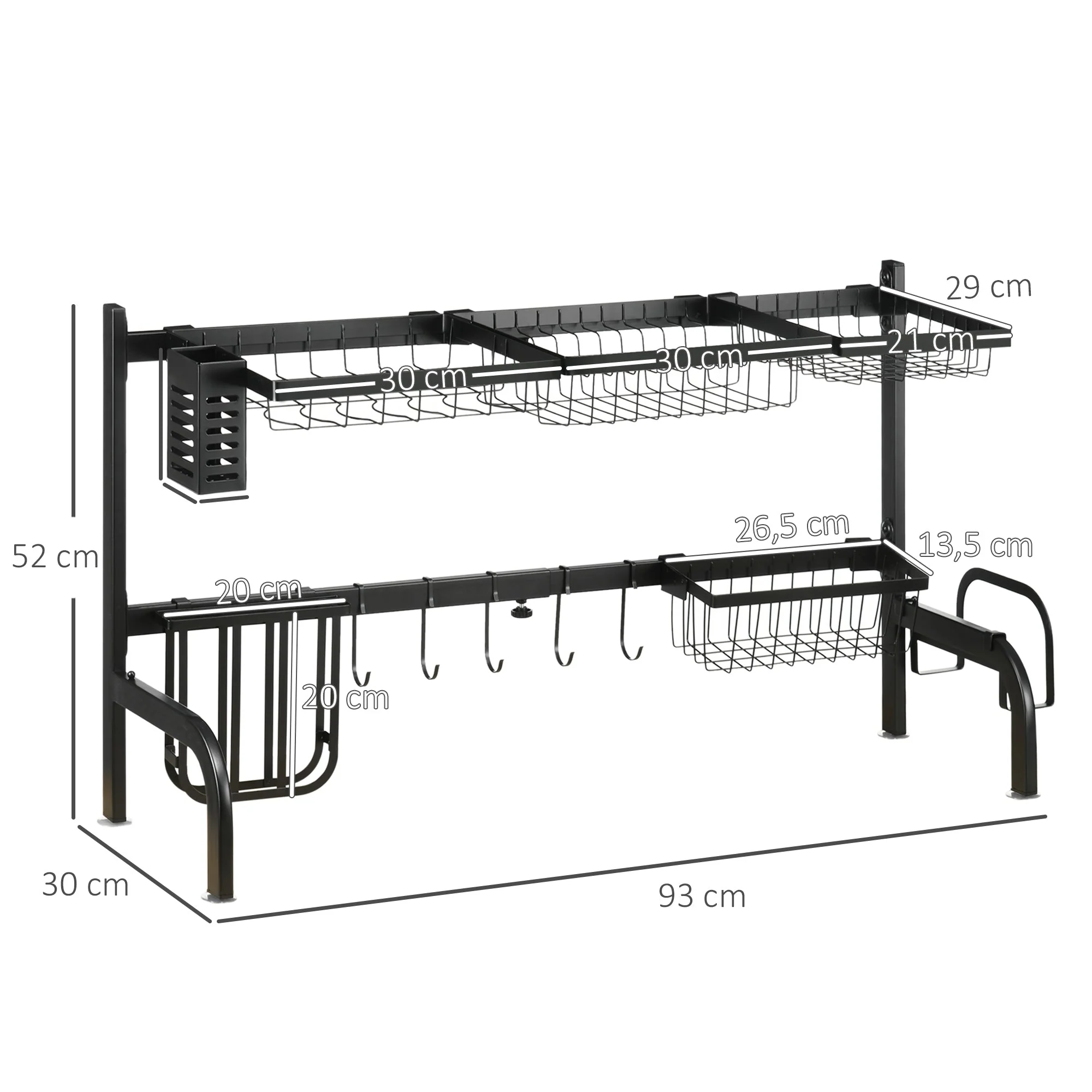 Dish Drainer 2-Tier with Hooks, Drip Tray, Steel, Black - Image 3