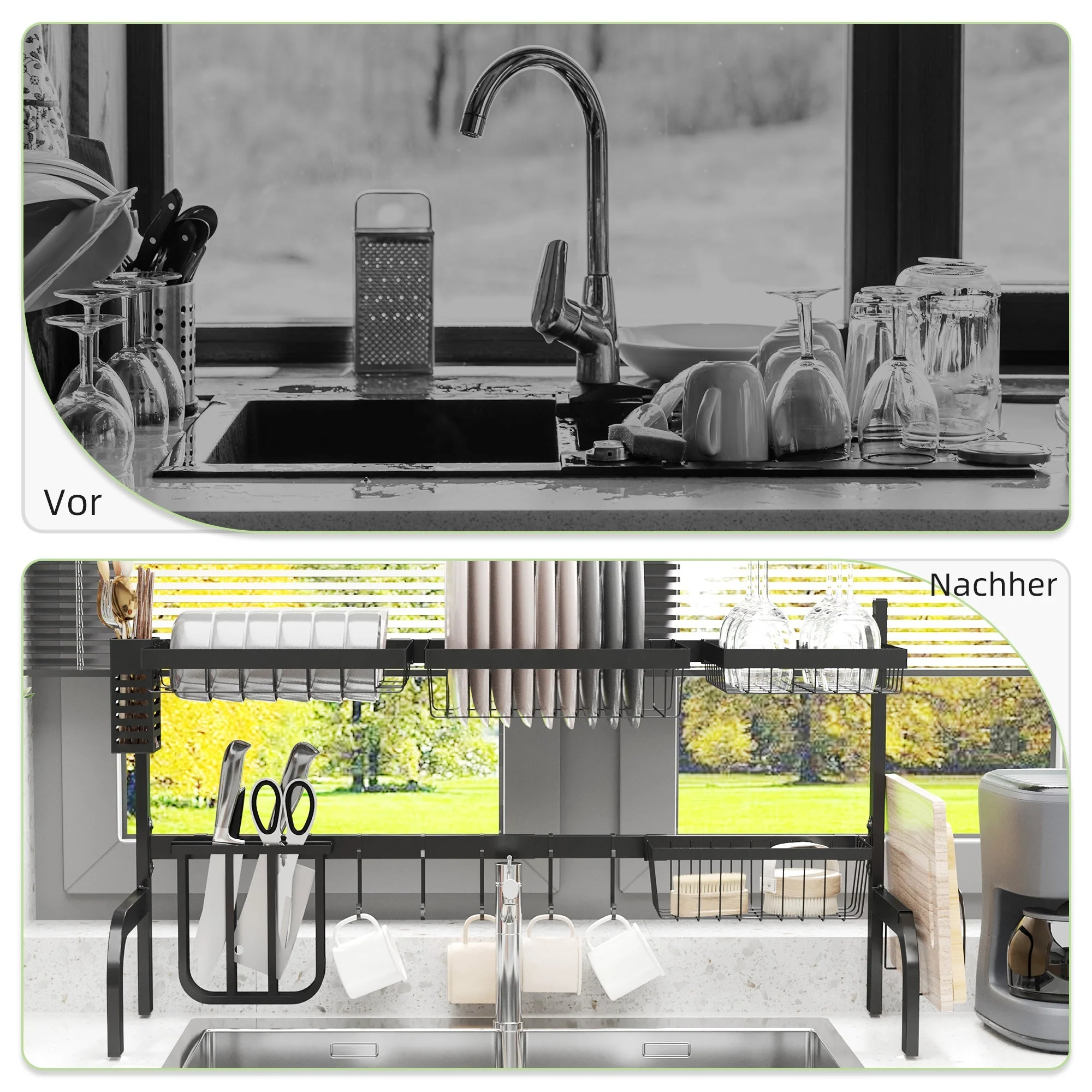 Dish Drainer 2-Tier with Hooks, Drip Tray, Steel, Black - Image 4
