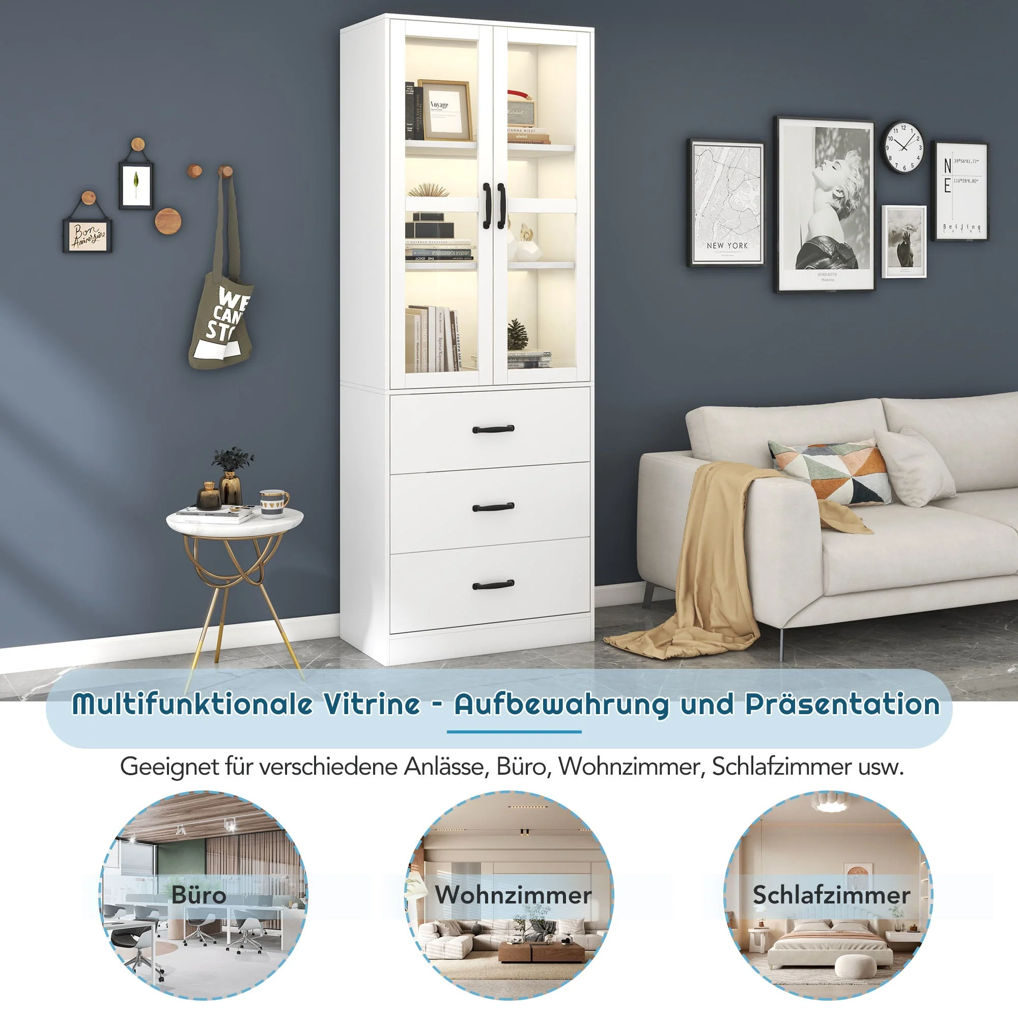 Display Cabinet, 200cm Freestanding with 3 Drawers, 2 Glass Doors, LED Lighting, White - Image 7