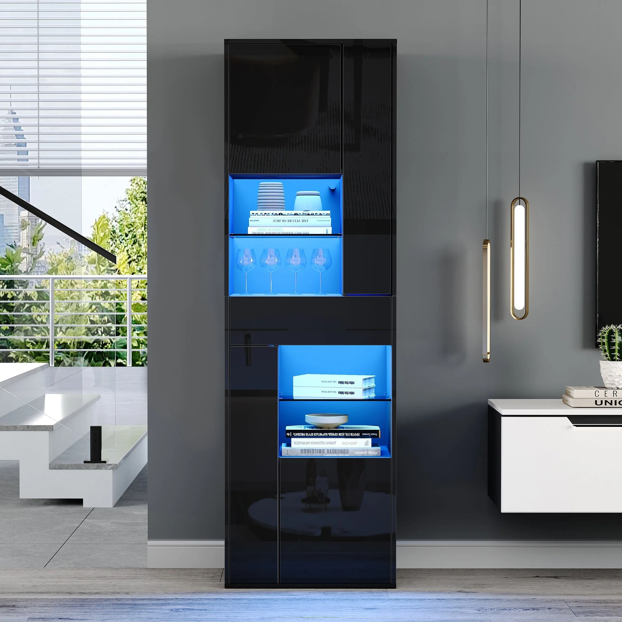 Display Cabinet 55x38x170cm Tall with LED Light, High-Gloss Black