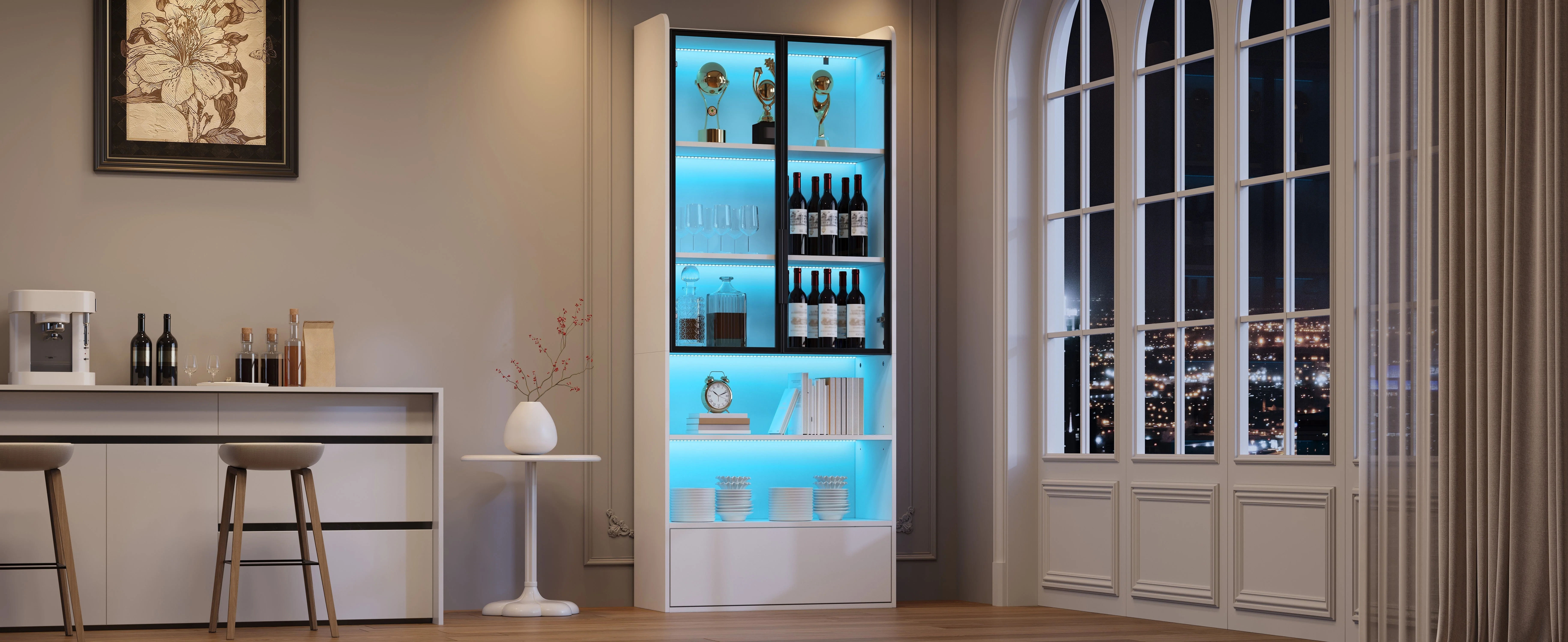 Display Cabinet 80x34x180cm Tall with 1 Drawer Glass Doors LED Lighting White - Image 10