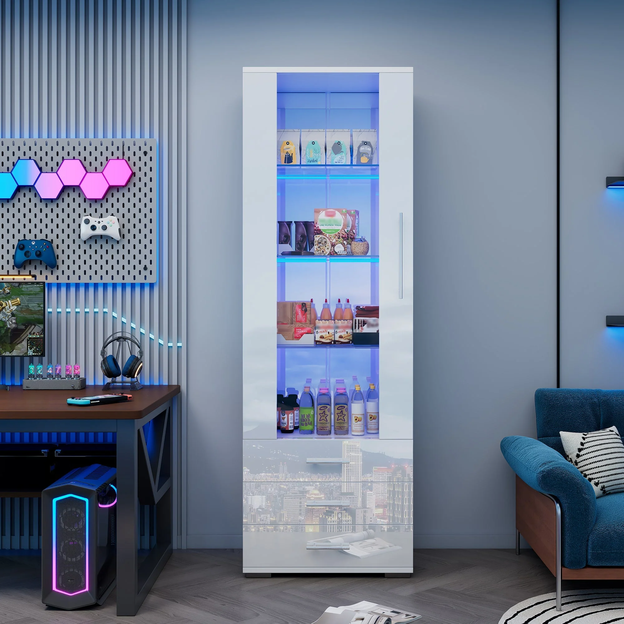 Display Cabinet Freestanding LED Glass 3 Drawers 60x35x180cm, High-Gloss White - Image 6