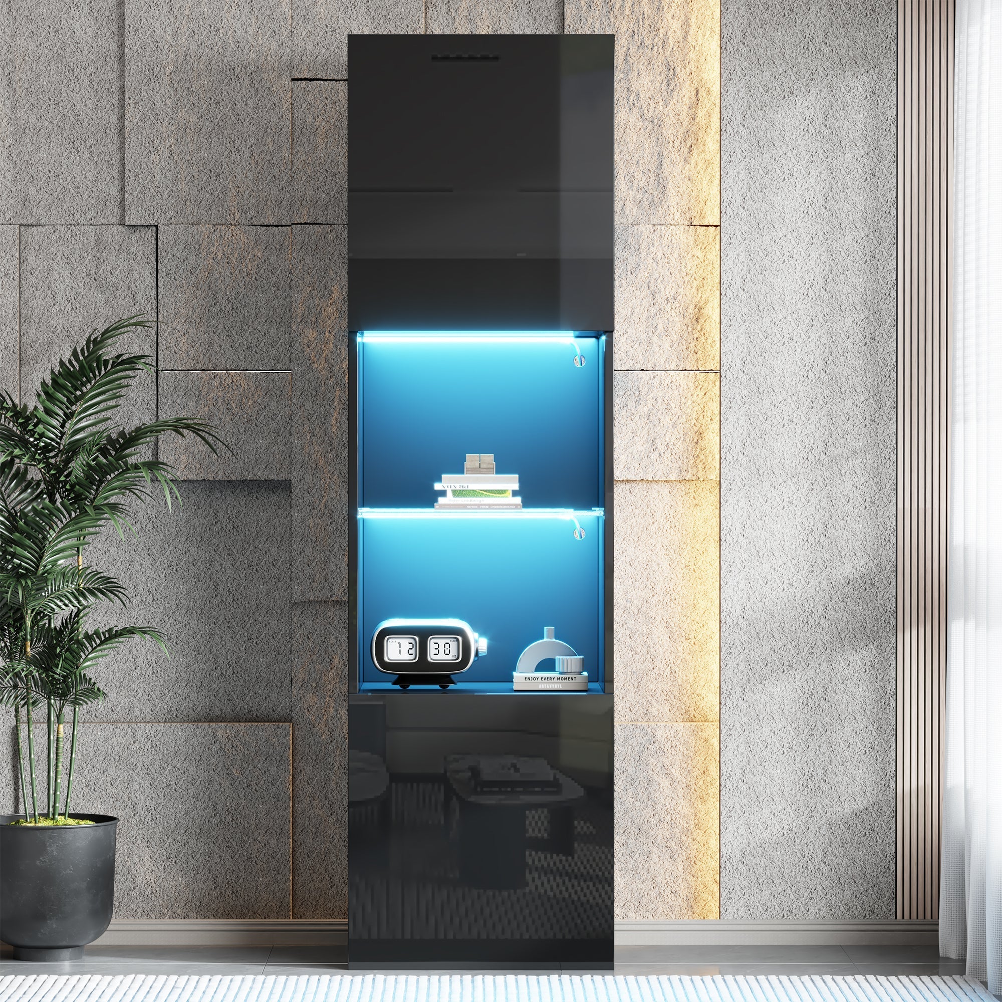 Display Cabinet, Freestanding with LED Lighting, 1 Glass Shelf, Black - Image 5
