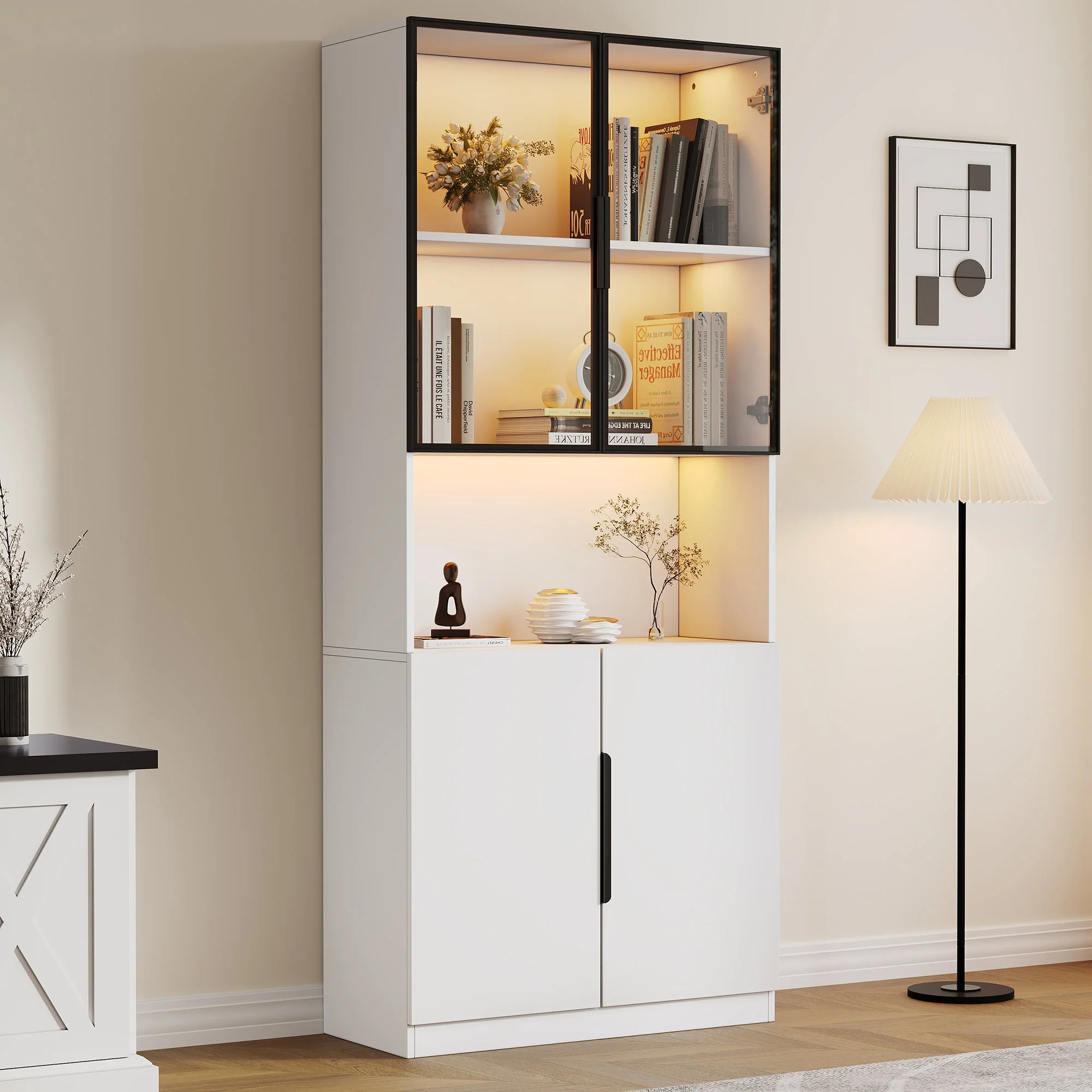 Display Cabinet, Glass Doors LED Lights Bookshelf, White - Image 2