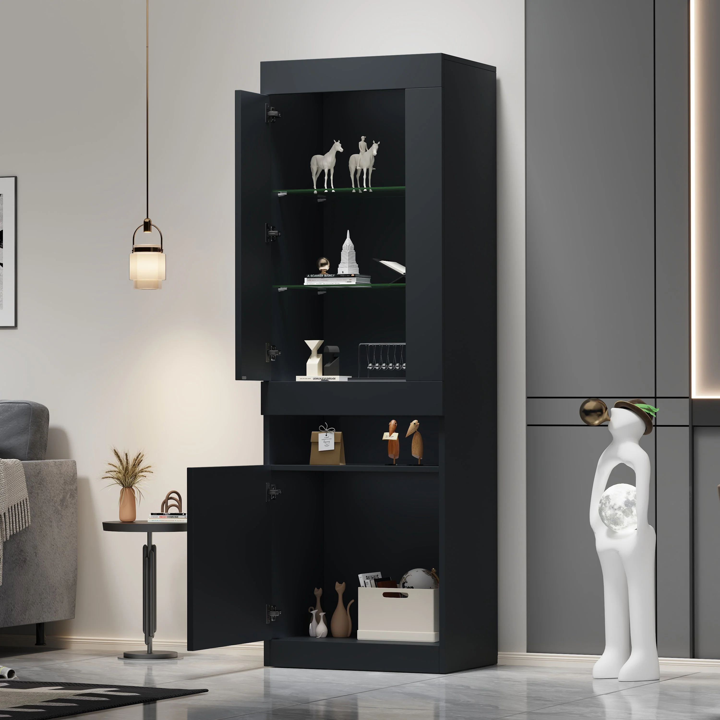 Display Cabinet LED Freestanding Storage - Black - Image 2