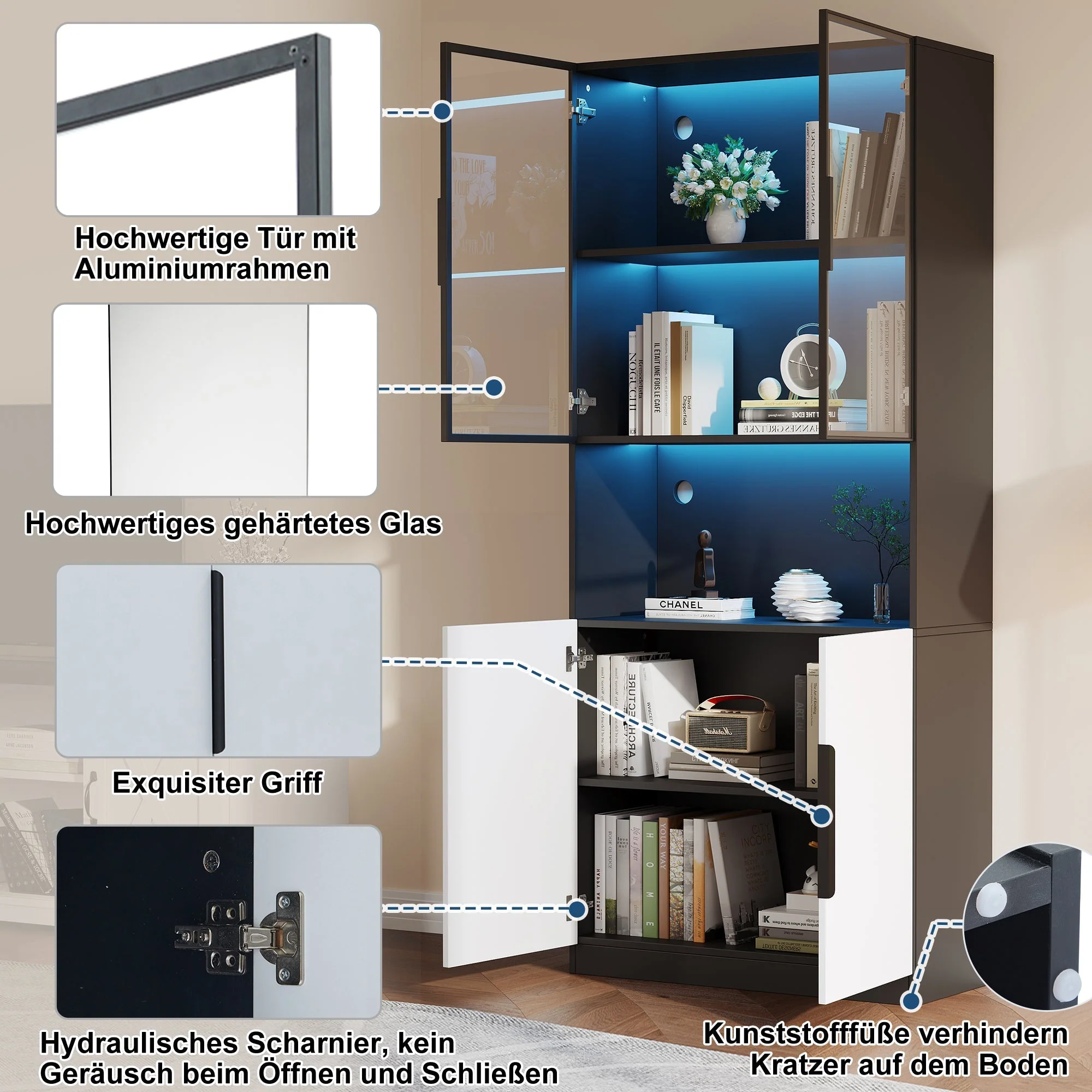 Display Cabinet, Minimalist LED Glass Doors, White with Black Decoration - Image 10