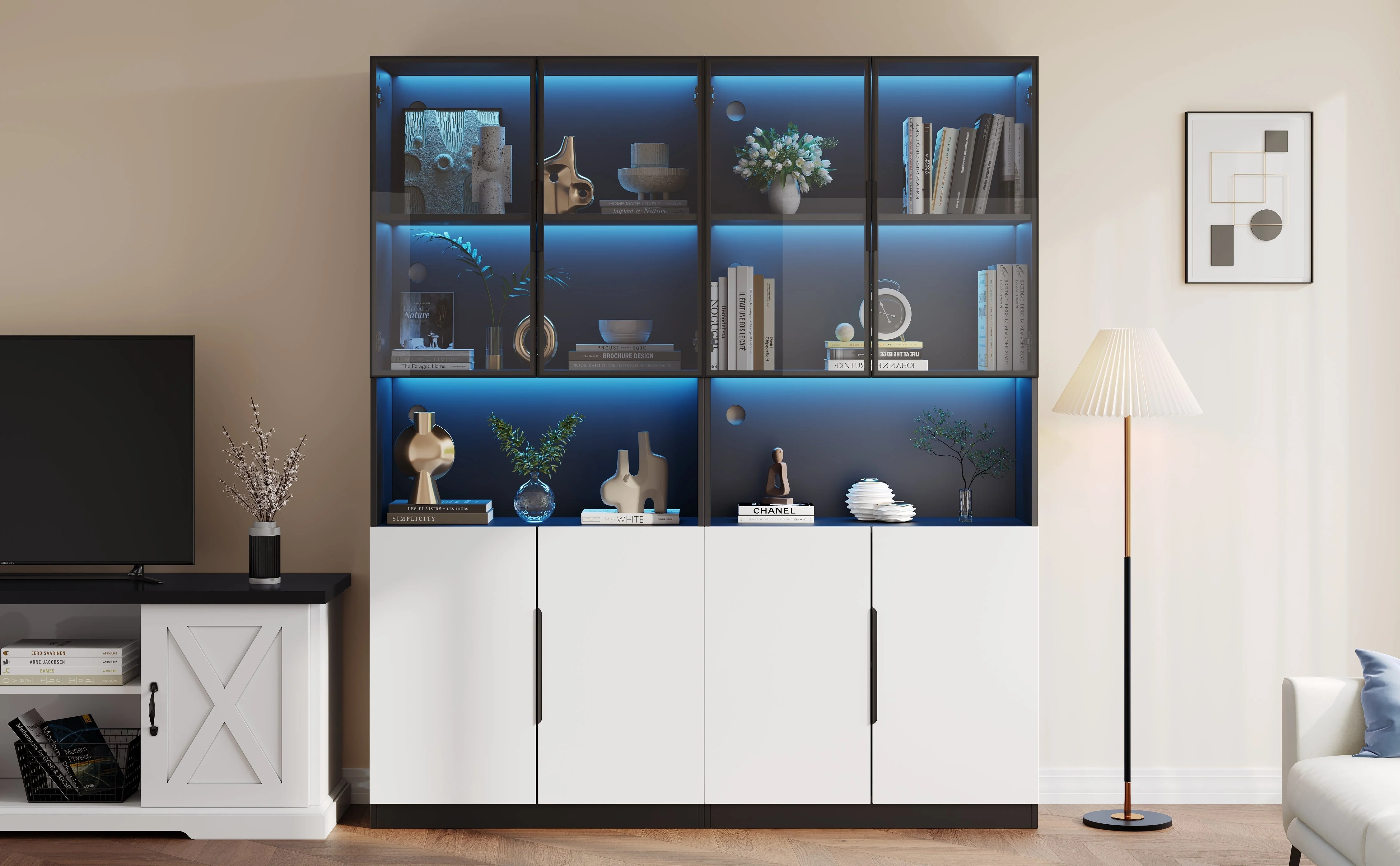 Display Cabinet Modern Minimalist Glass Doors LED Lights Adjustable - White/Black - Image 10