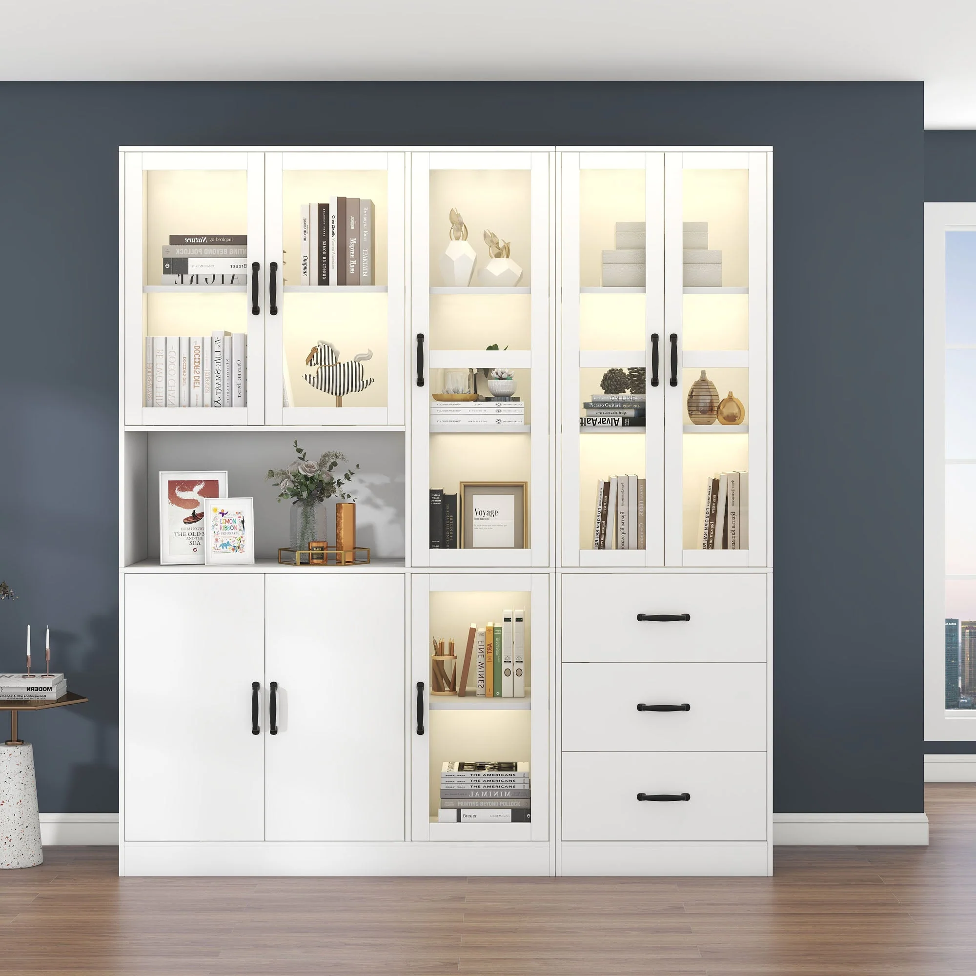 Display Cabinet Set, Modern Combination with LED Lighting, 8 Doors, 3 Drawers, White