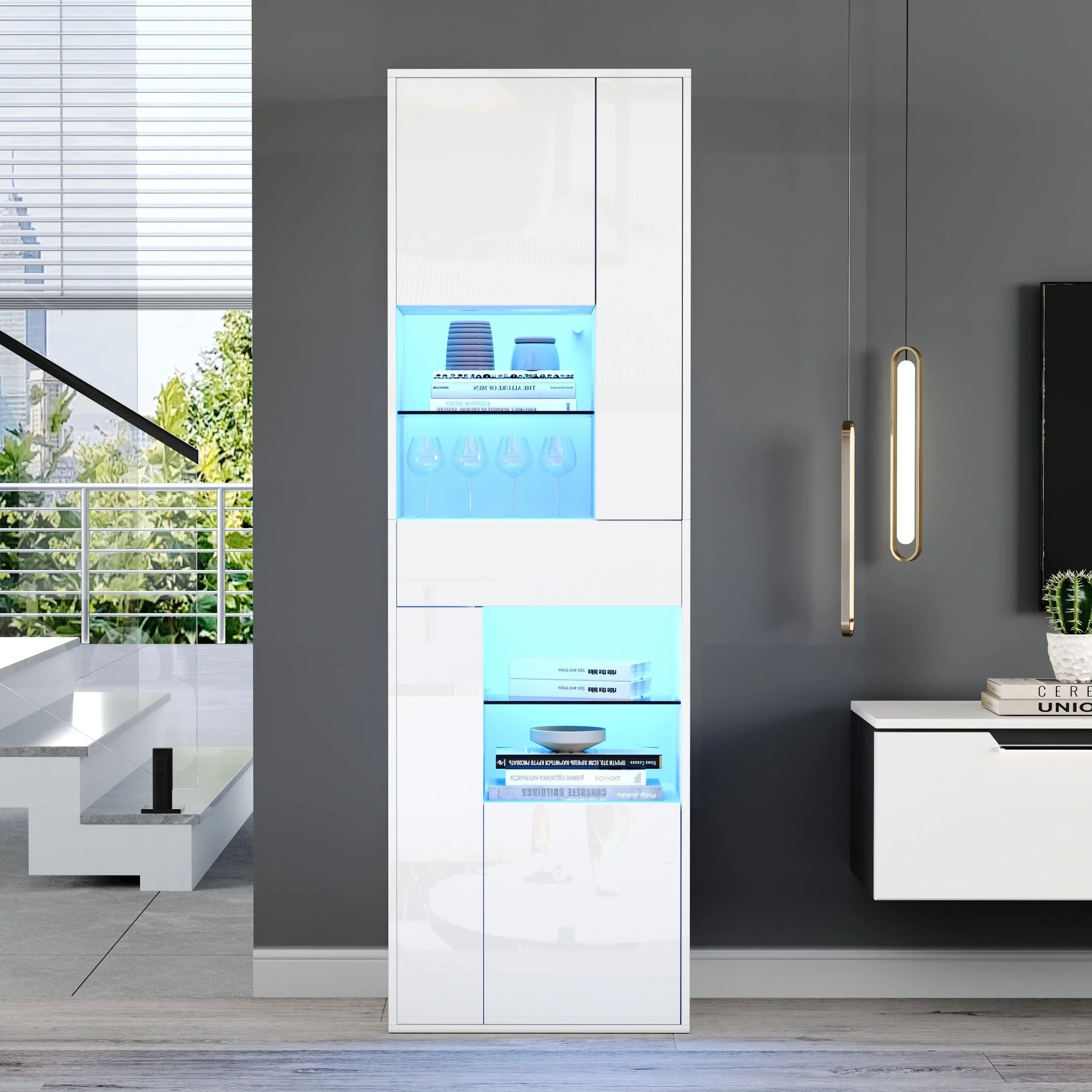 Display Cabinet Tall, LED High-Gloss 1 Drawer 4 Cabinets 55x38x170cm, White - Image 6
