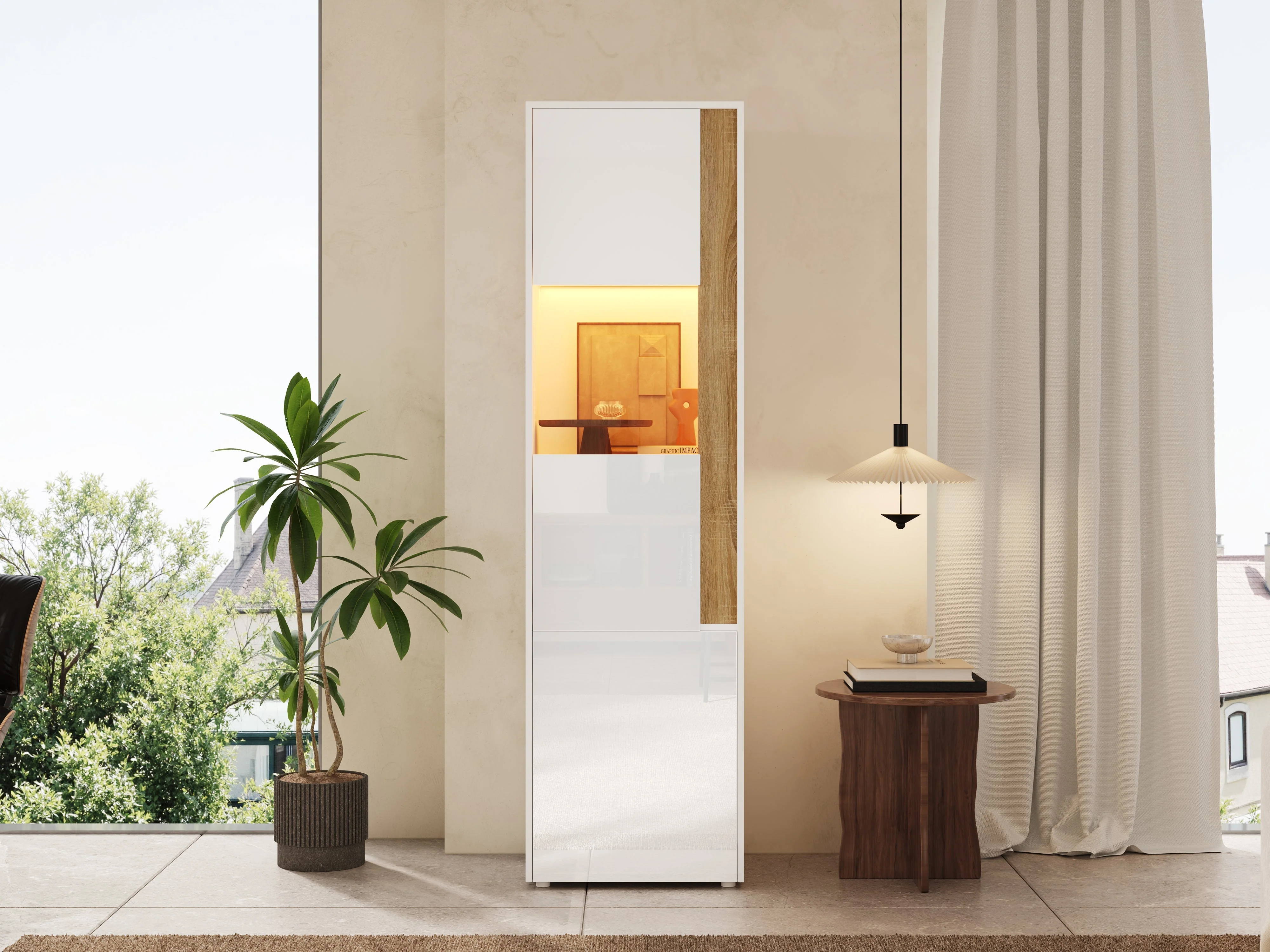 Display Cabinet Tall Storage Unit with LED Lighting 2 Doors White/Natural - Image 9