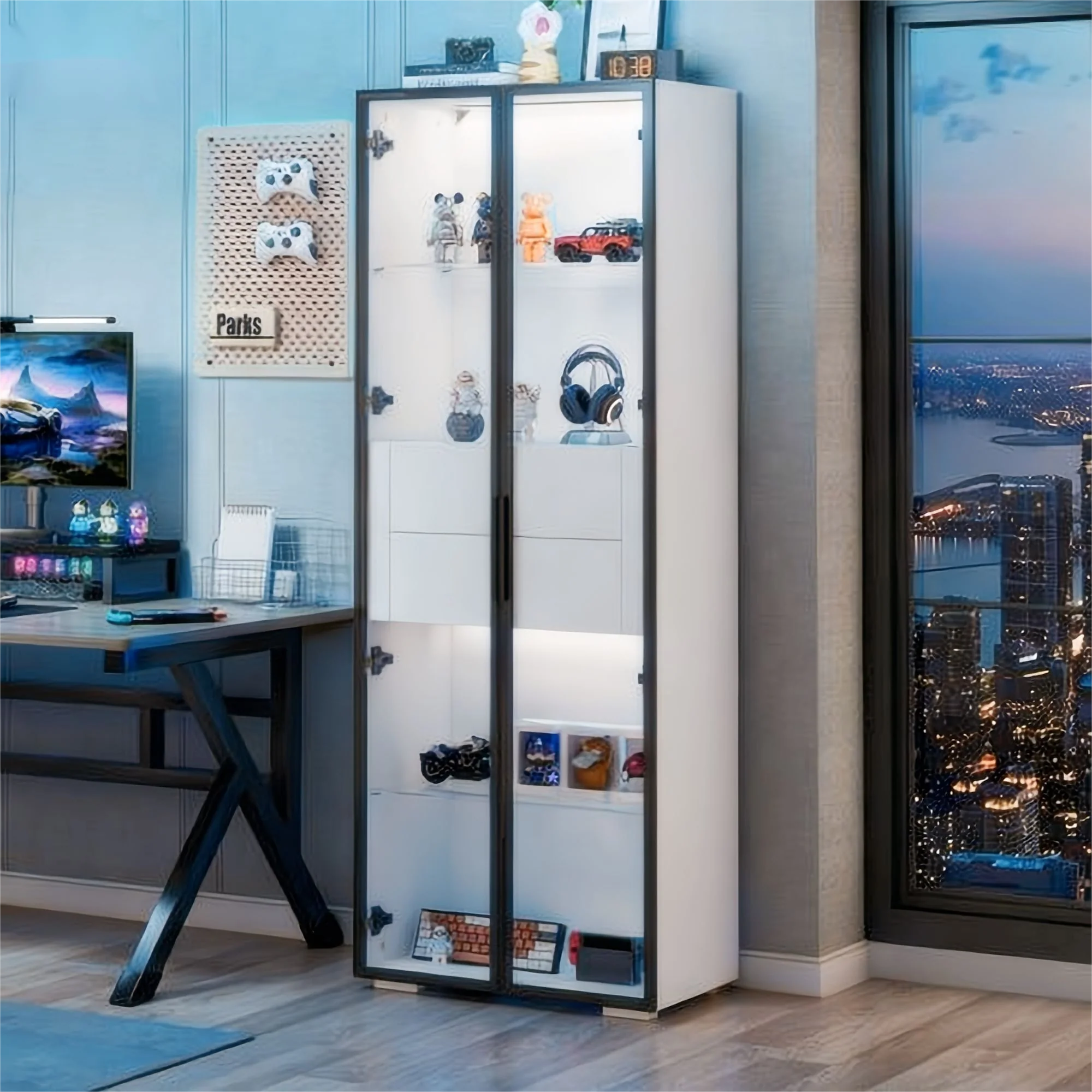 Display Cabinet, Tempered Glass Door, LED, 2 Drawers, White - Image 5