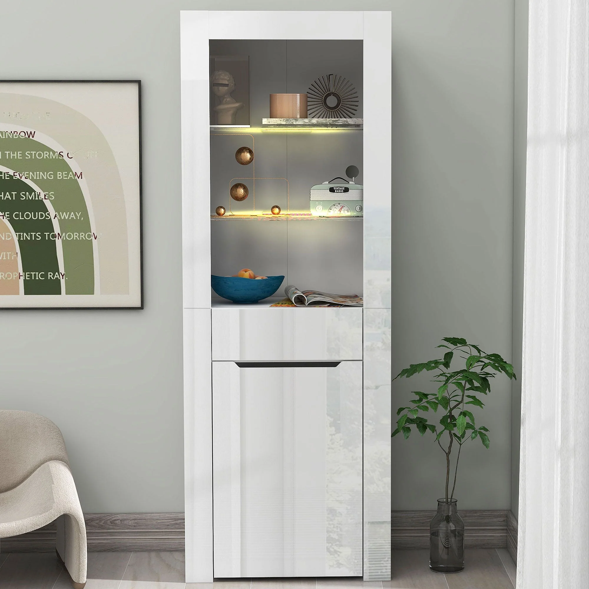 Display Cabinet with App LED Lights and Shelves, White - Image 3
