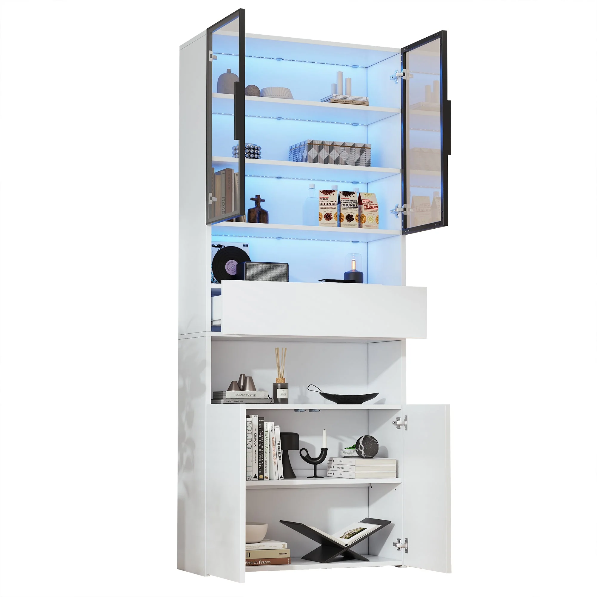 Display Cabinet with Drawers, Glass Doors & LED Lighting, 70x30x200cm, White - Image 8