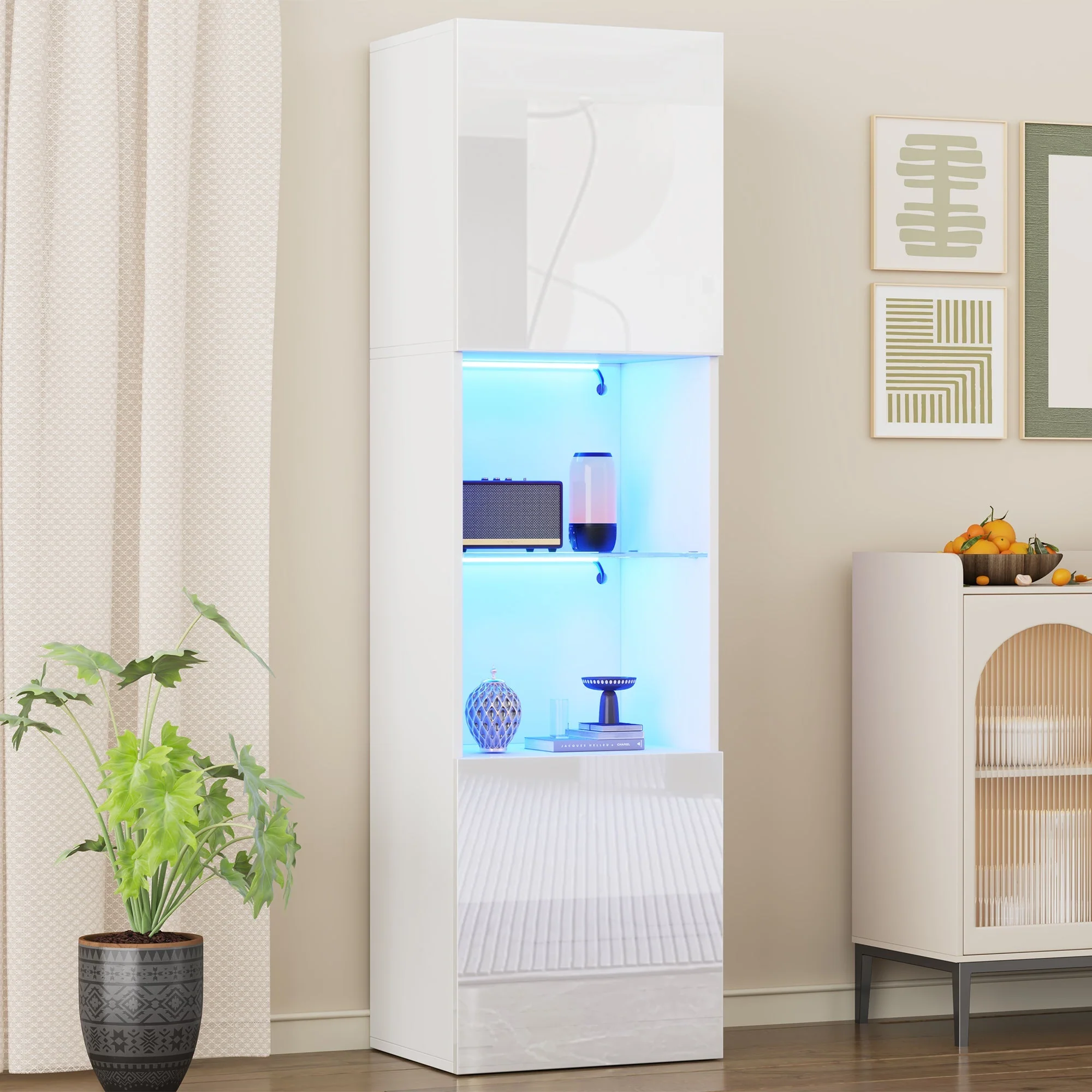 Display Cabinet with LED Lighting, 1 Glass Shelf, 45x35x160 cm, High-Gloss White - Image 6