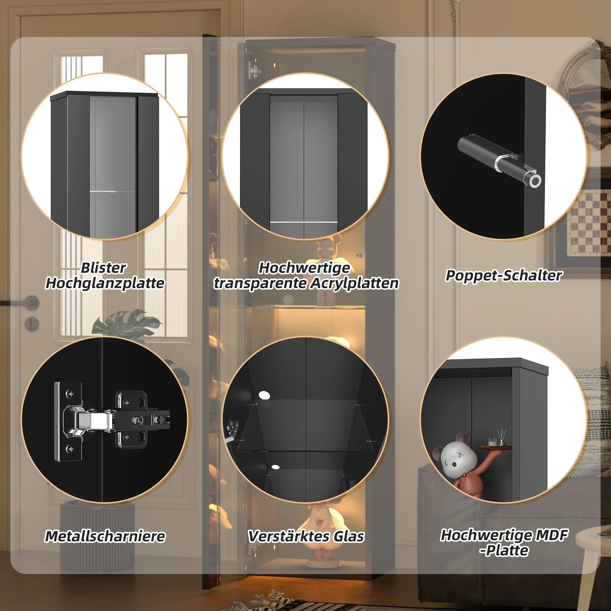 Display Case 40x29x170cm LED Light App Control Glass Partition - Black - Image 7