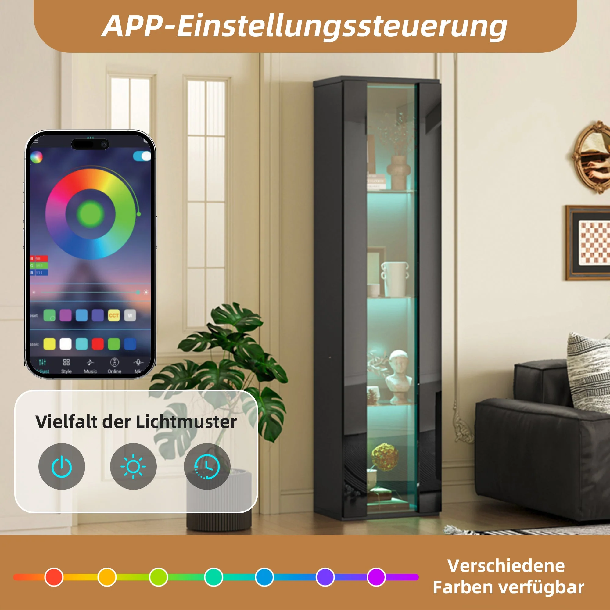 Display Case 40x29x170cm LED Light App Control Glass Partition - Black - Image 8