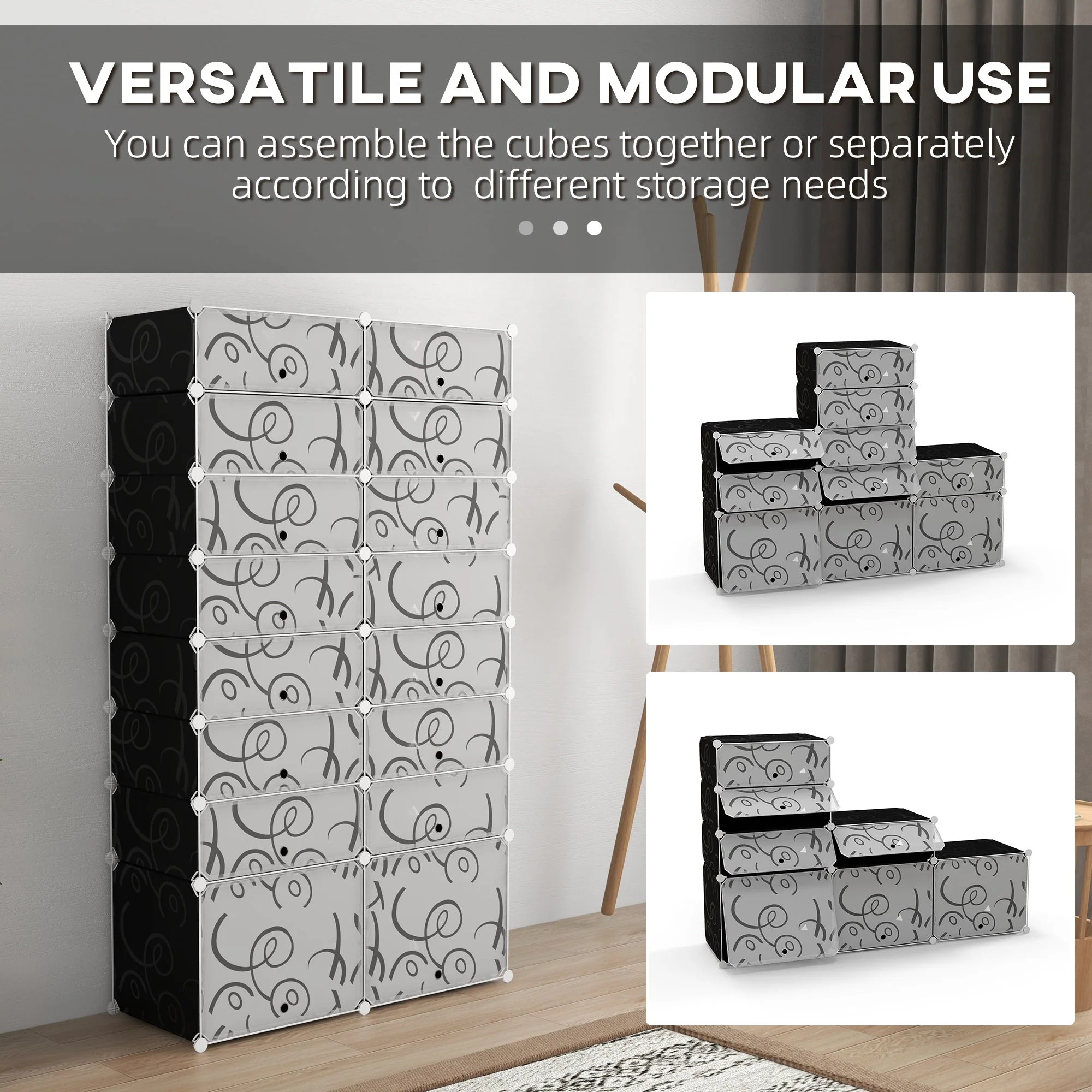 DIY Shoe Cabinet, 16 Compartments, Modular Wardrobe, PP Black + White - Image 5