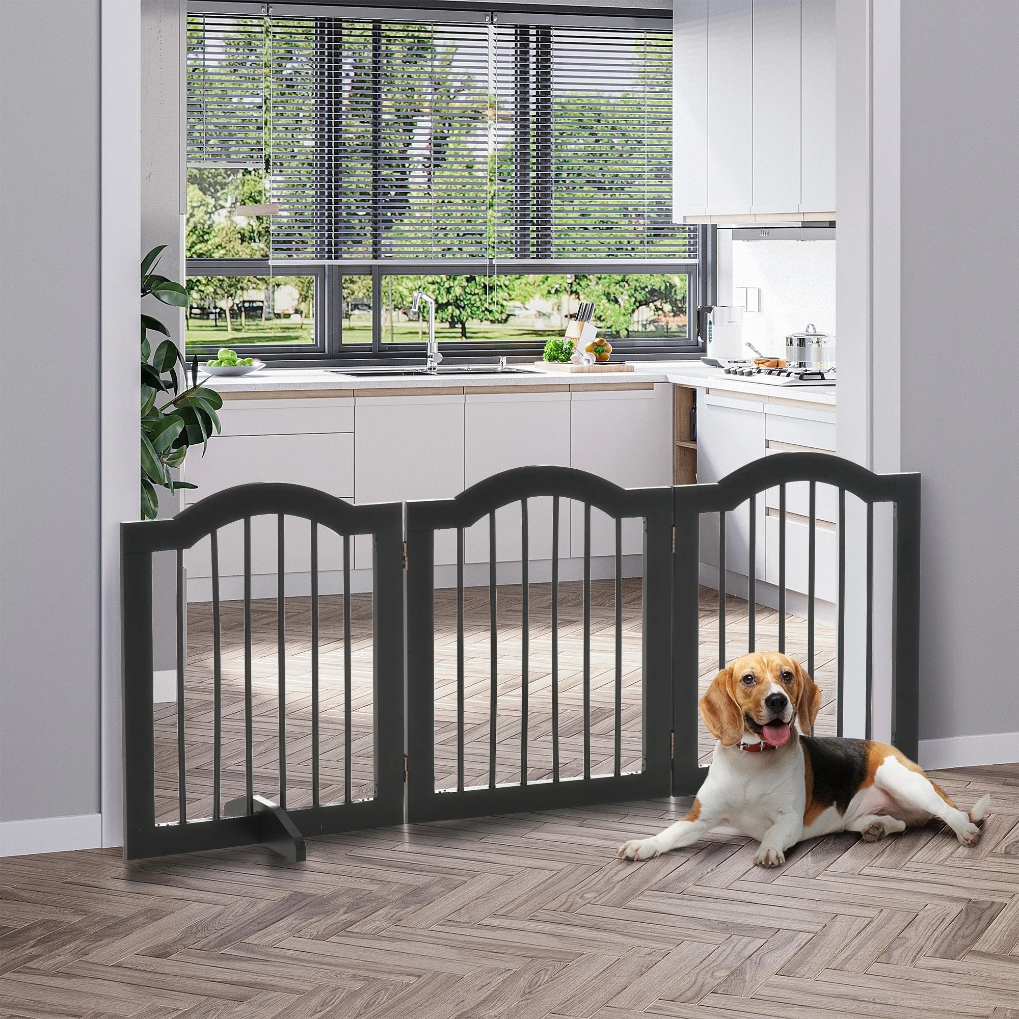 Dog Barrier, 3-Piece Foldable Gate with Support Feet, Black