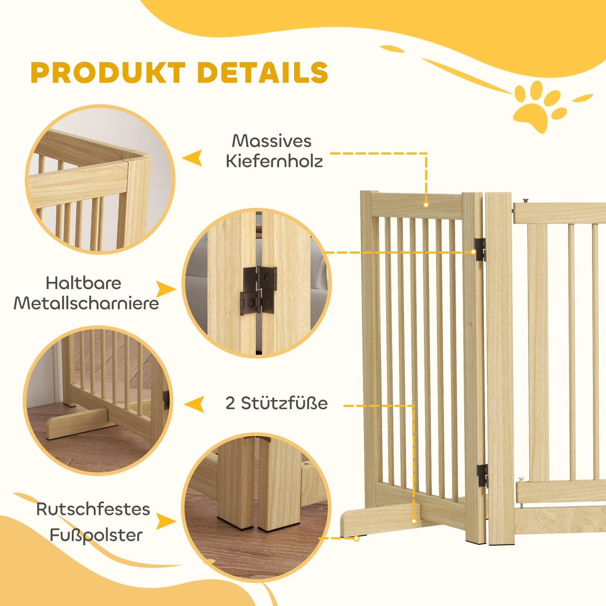 Dog Barrier 4-part 204 x 75 cm Foldable with Door, Wooden Natural - Image 6