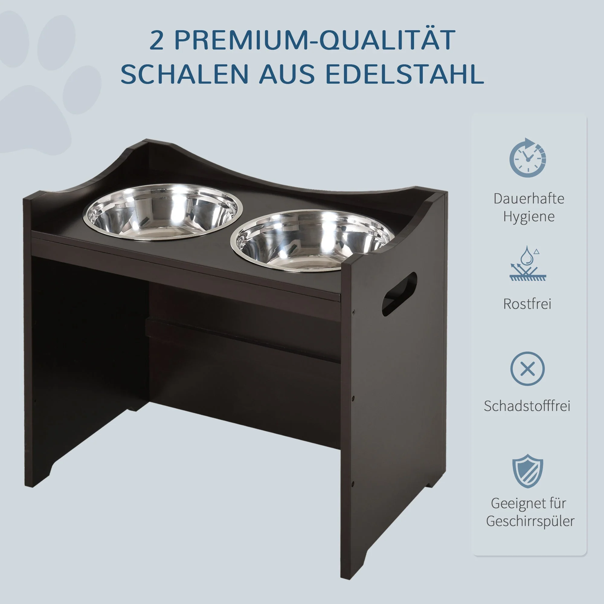 Dog Bowl Feeding Station, Height-Adjustable, Stainless Steel, Dark Brown MDF - Image 4
