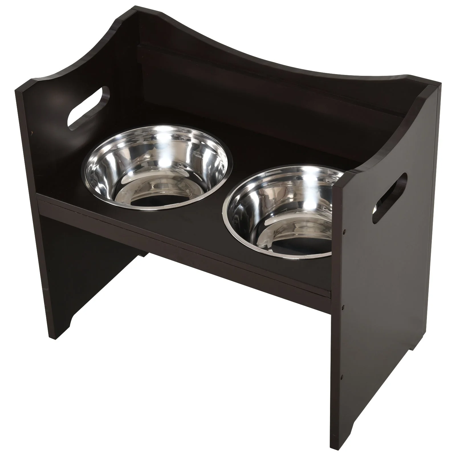 Dog Bowl Feeding Station, Height-Adjustable, Stainless Steel, Dark Brown MDF - Image 7