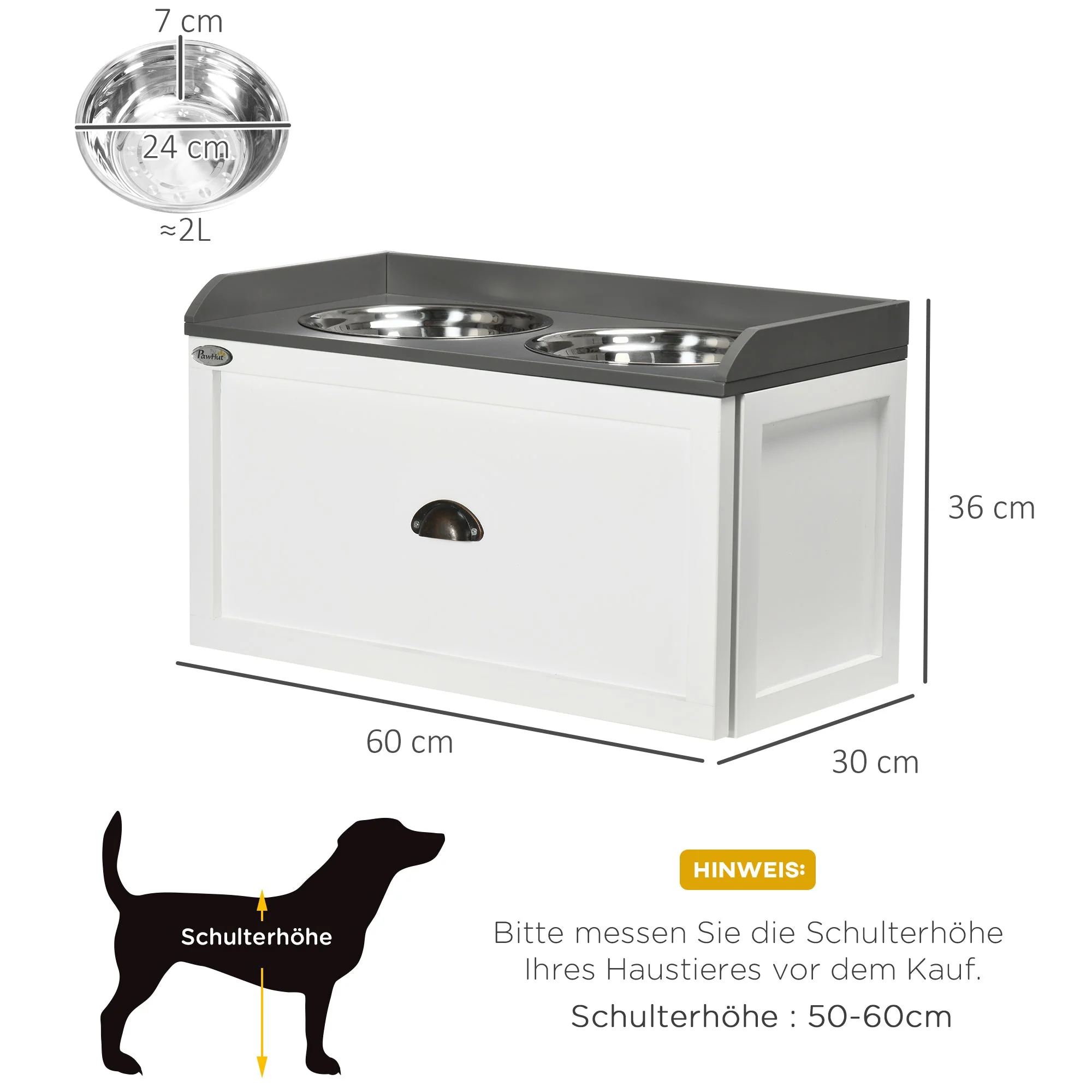 Dog Bowl with Drawer 2x2L Raised Stainless Steel Feeding Station, White - Image 3