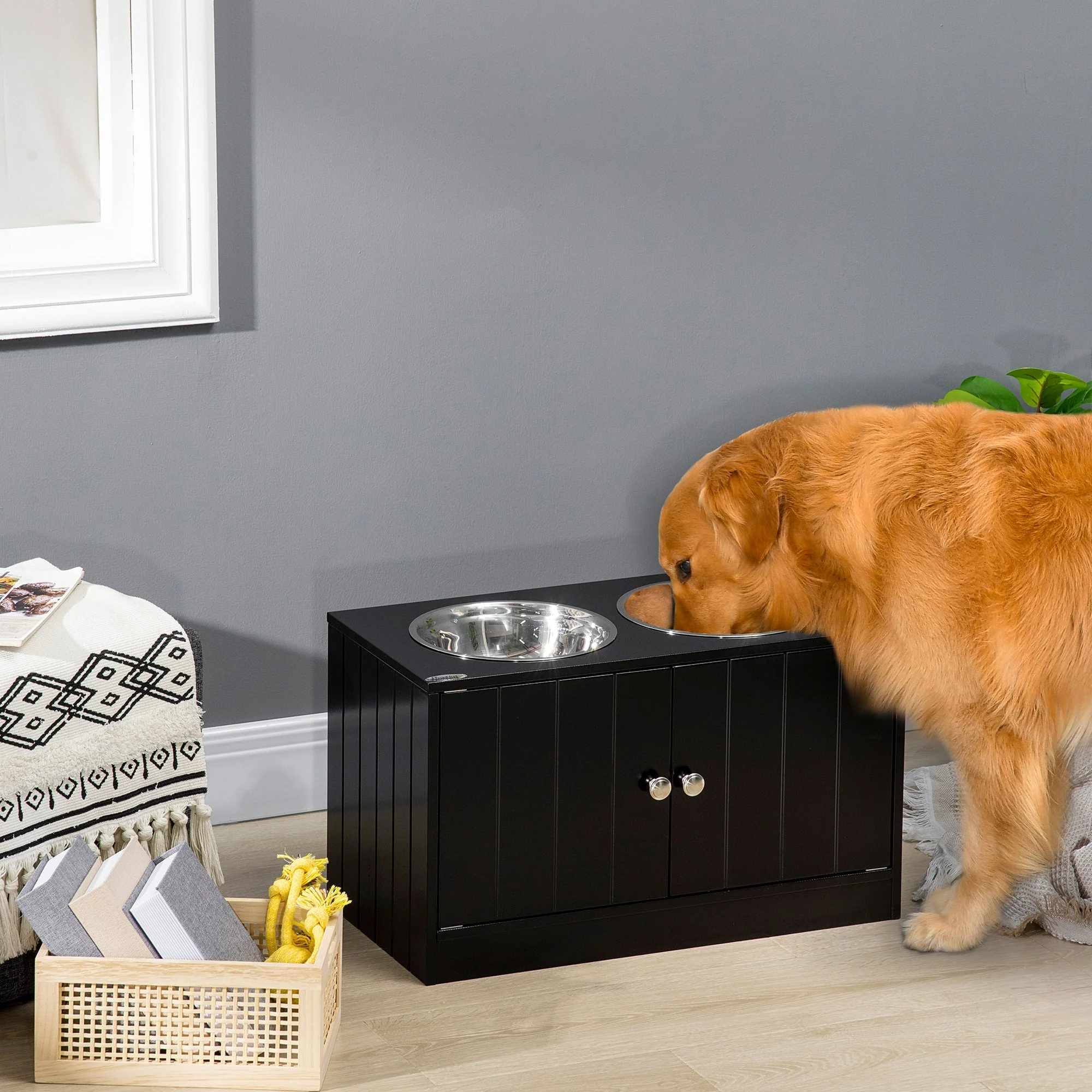 Dog Bowls, Elevated Feeding Station with 2 Stainless Steel Bowls, Black