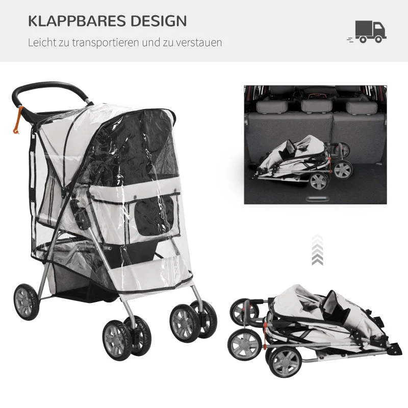 Dog Buggy, Foldable Rain Cover 2 Cup Holders, Grey - Image 5