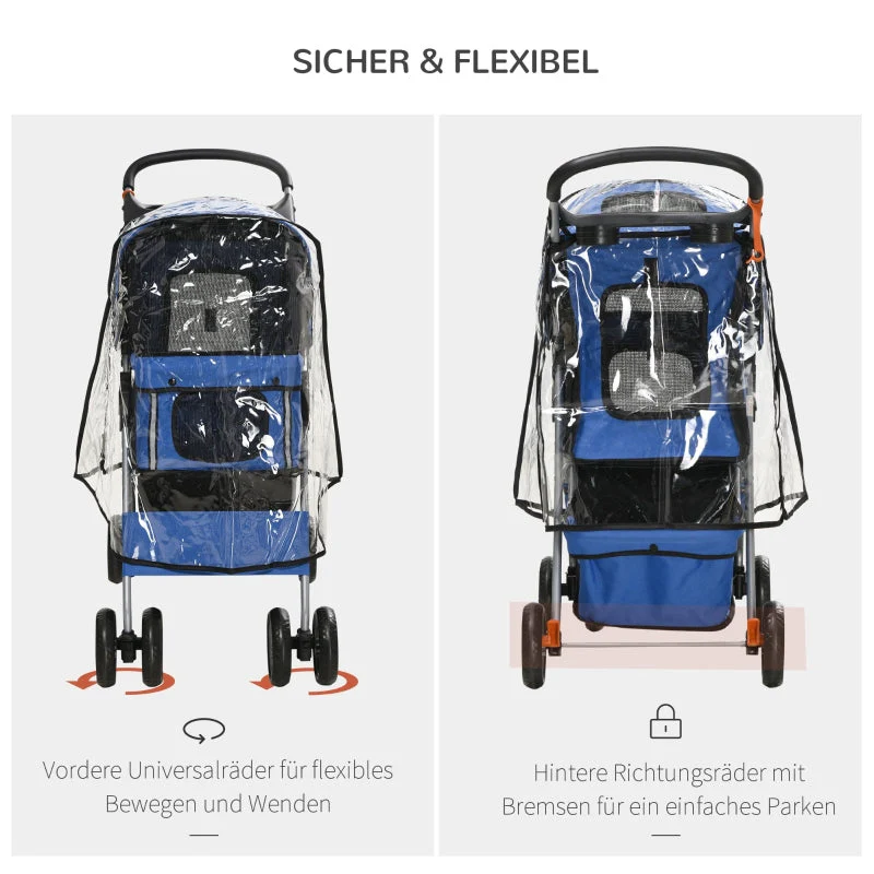 Dog Buggy, Foldable Rain Cover, Bottom Basket, 2 Cup Holders, Blue - Image 6