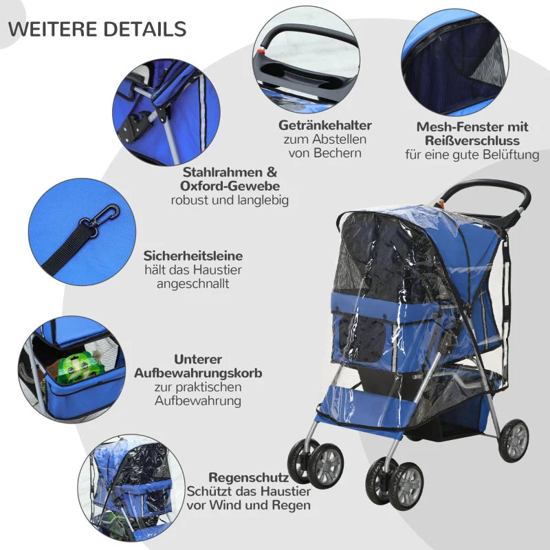 Dog Buggy, Foldable Rain Cover, Bottom Basket, 2 Cup Holders, Blue - Image 7