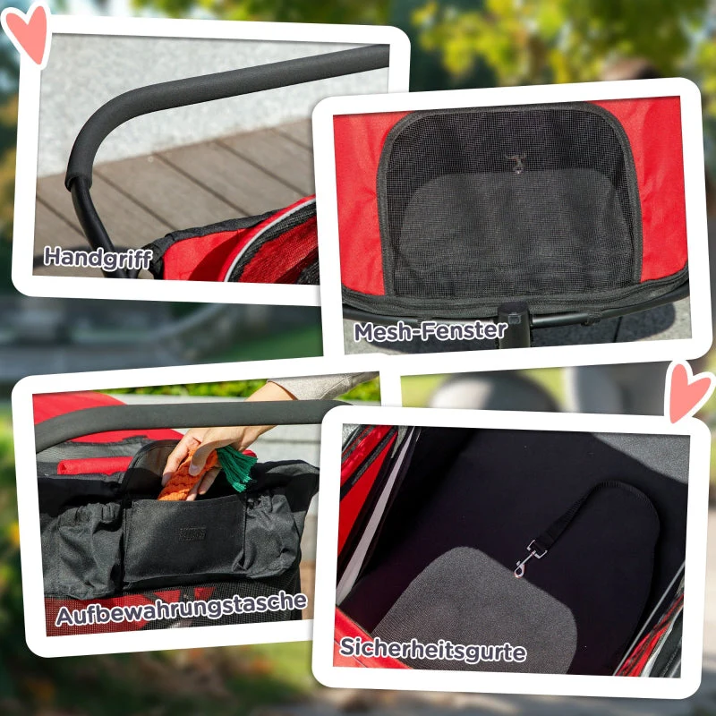 Dog Buggy Foldable, Reclining Cushion, Steel Frame, Red/Black - Image 5