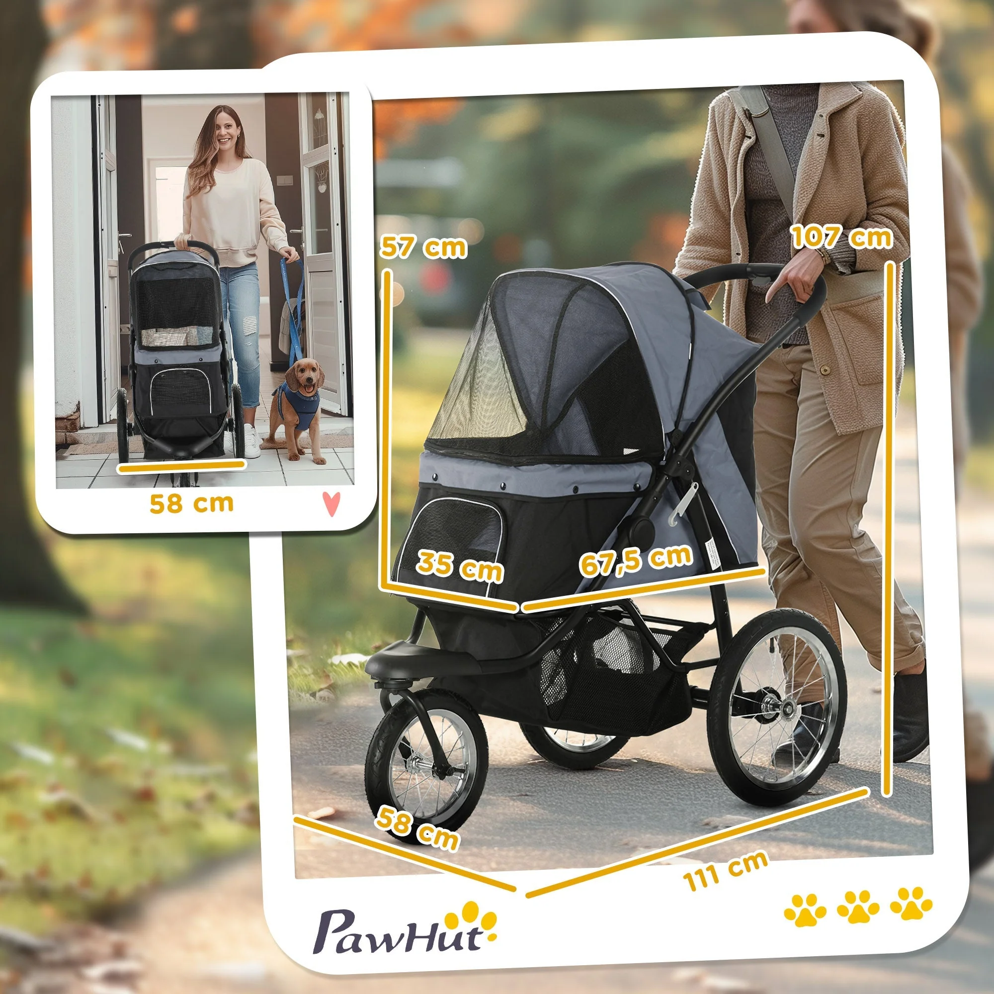 Dog Buggy Foldable, Reflectors, Storage Basket, Sunshade, Mesh Window, Oxford Grey - Image 3