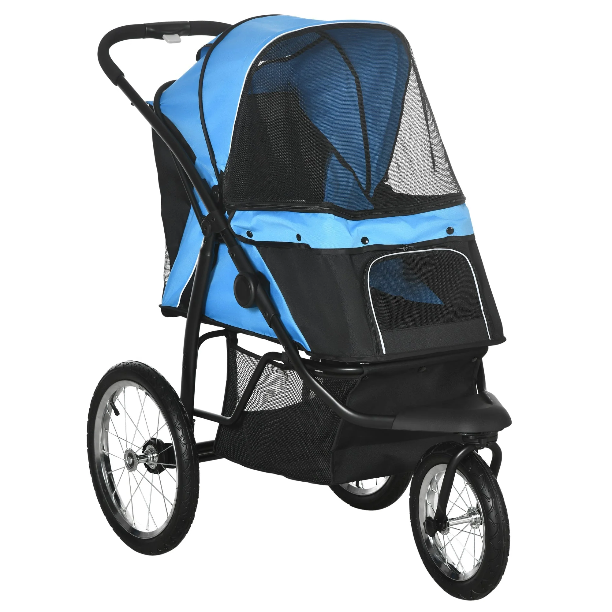 Dog Buggy, Foldable, Storage Basket, Sunshade, Blue Oxford - Image 2