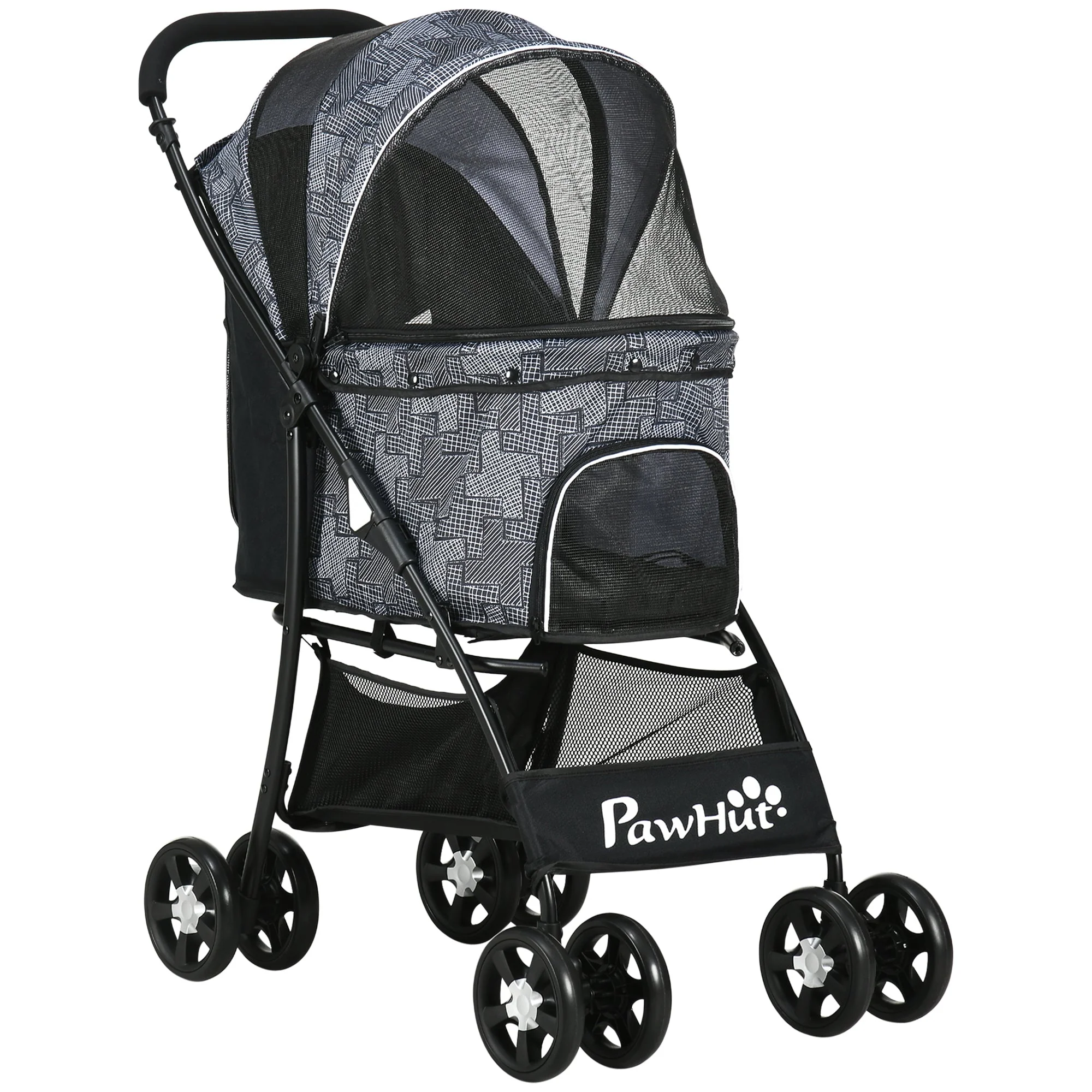 Dog Buggy Foldable Trolley with Cushion, Mesh Window, Grey Black Oxford Fabric - Image 2