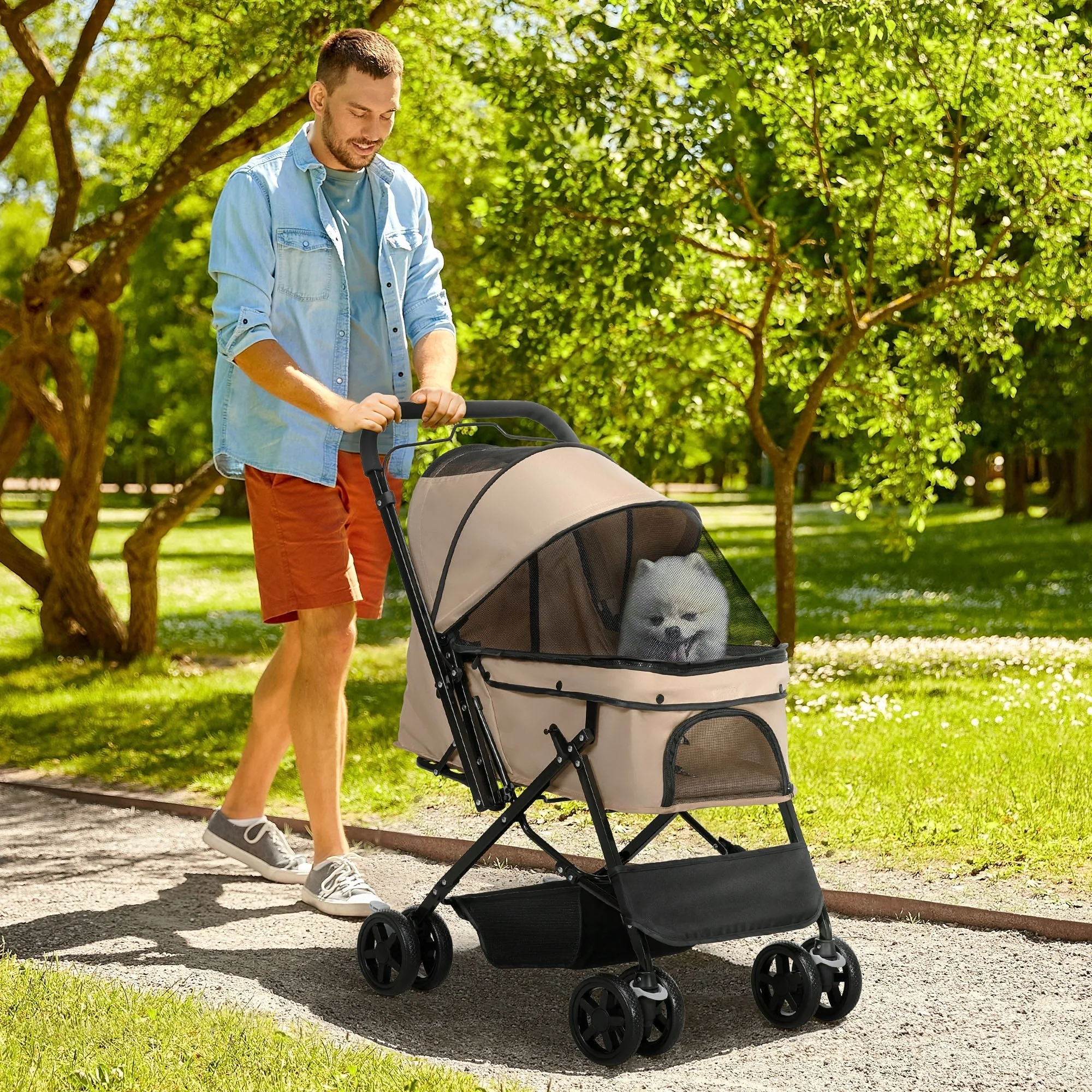 Dog Buggy, Small Dogs & Cats, Pet Cart, Oxford Light Brown