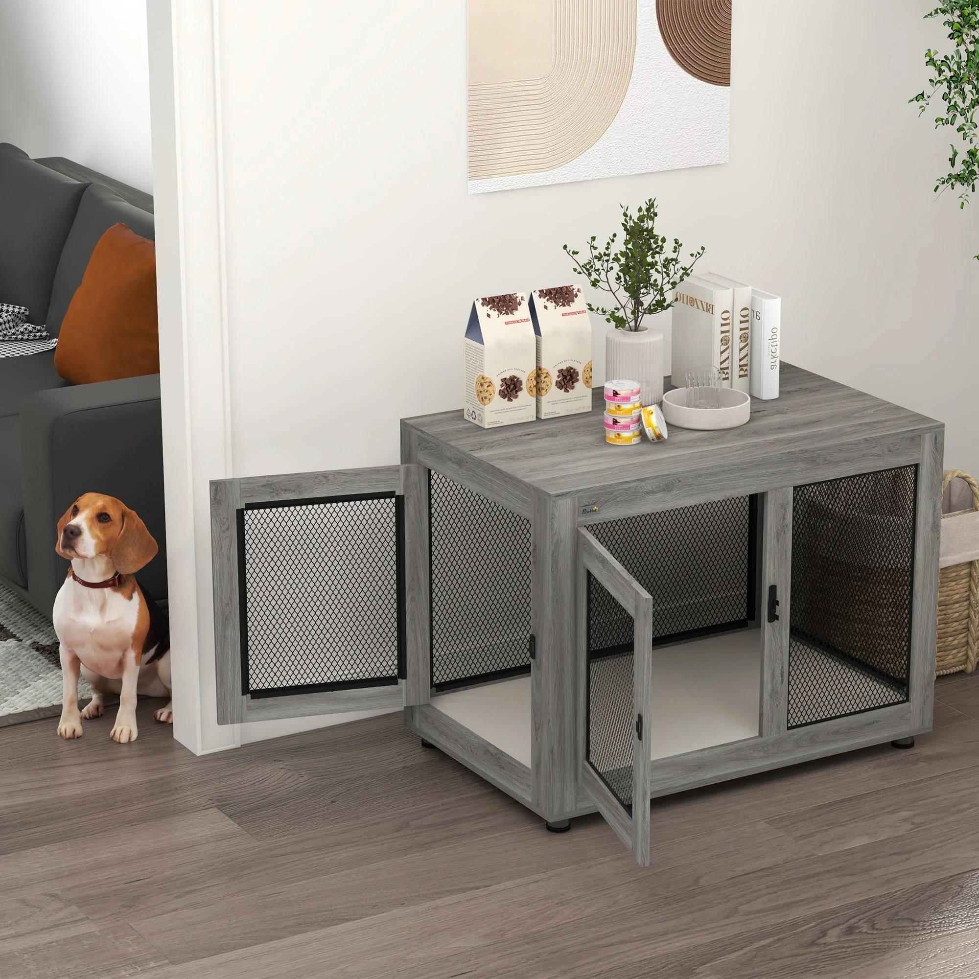 Dog Cage, 2 Doors, Washable Cushion, Adjustable Feet, Grey - Image 8