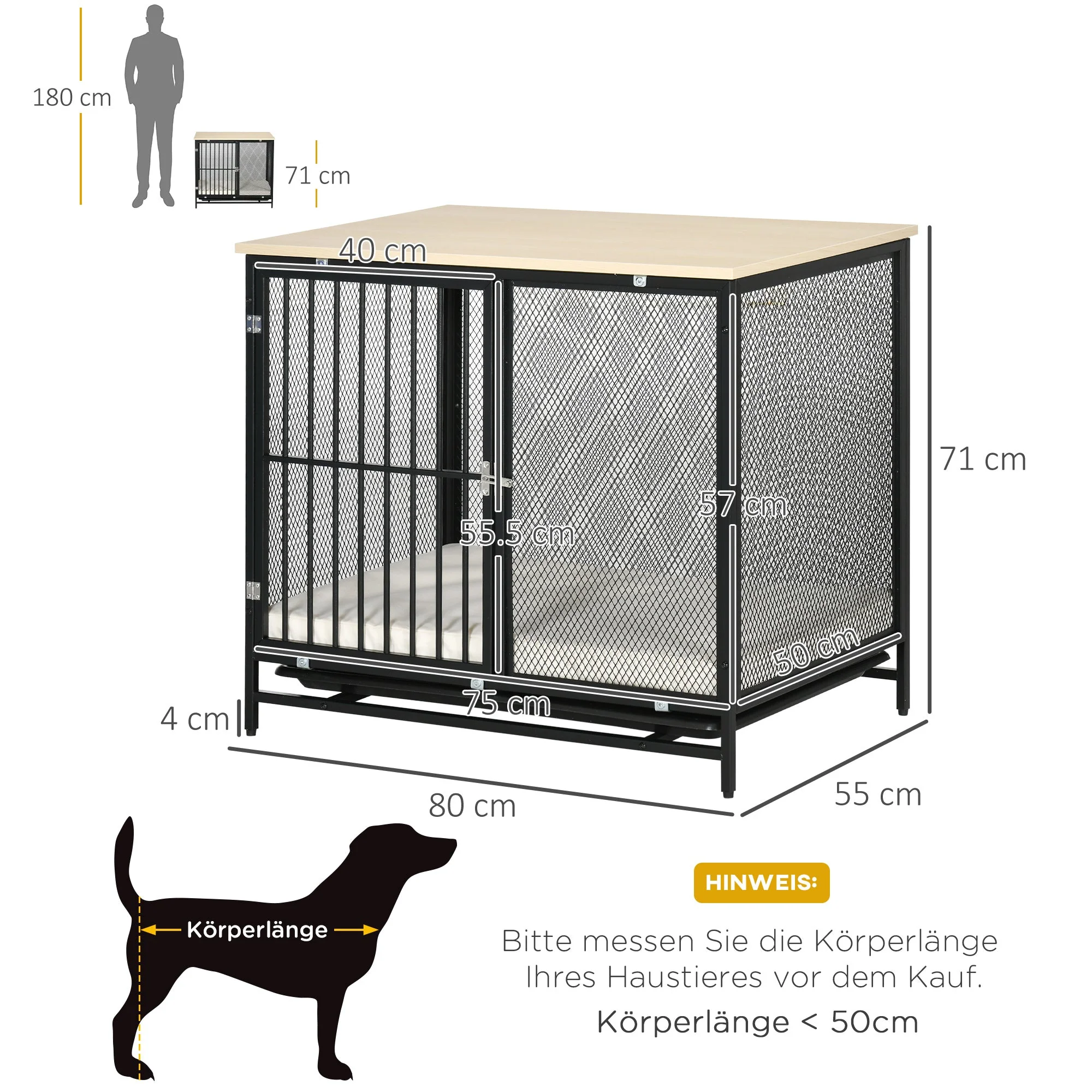 Dog Cage, Kennel with Cushion & Tray, Oak+Black - Image 3